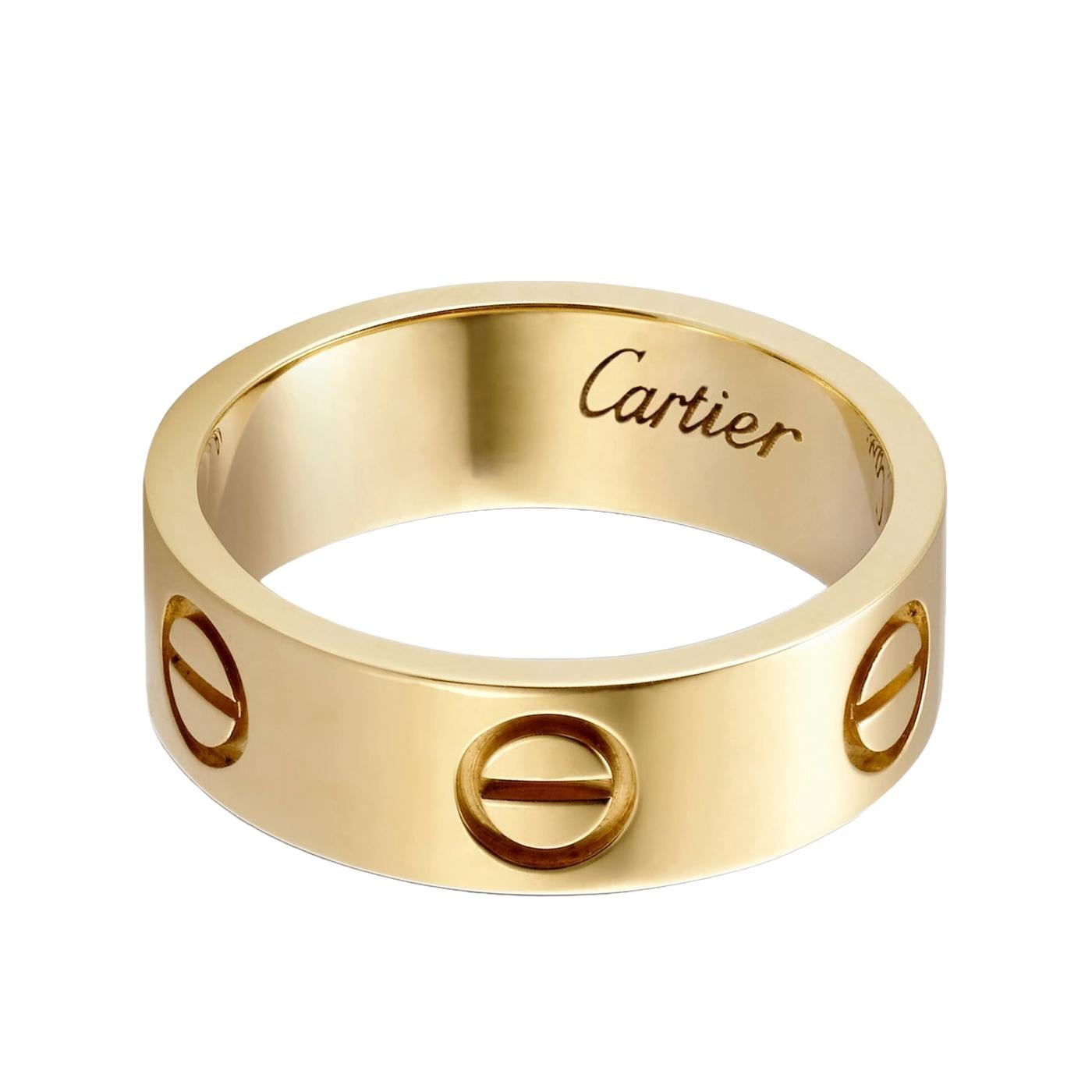 Cartier LOVE Ring, Yellow Gold (750/1000). Width: 5.5 mm (for size 55).

Details:
Brand: Cartier
Style: Love Ring
Material: Yellow Gold
Cartier Size: 55
Theme: Romantic, Love
Scope of Delivery: Box and Papers
Purchased: 2022

Occasion: Anniversary,