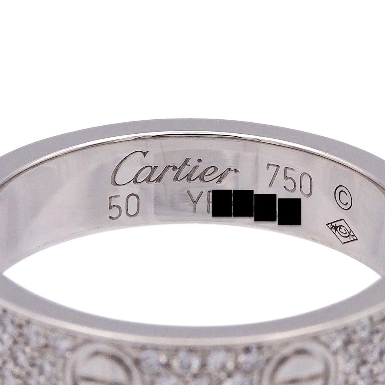 Contemporary Cartier Love Ring Paved in 18K White Gold with Diamonds 4mm 5.25 US / 50 EU For Sale