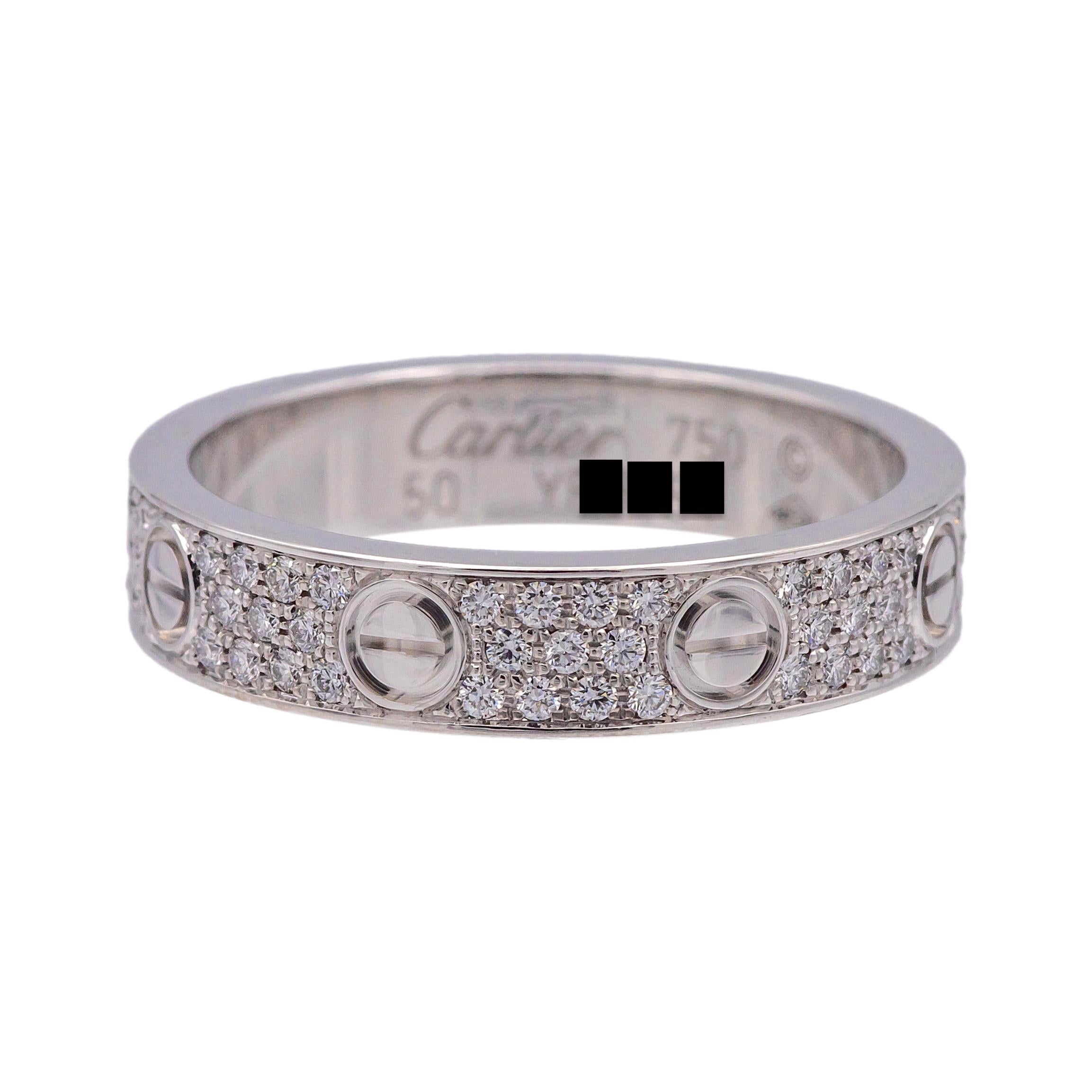 Taille ronde Cartier, bague d'amour en or blanc 18 carats avec diamants 4 mm 5,25 US / 50 EU en vente