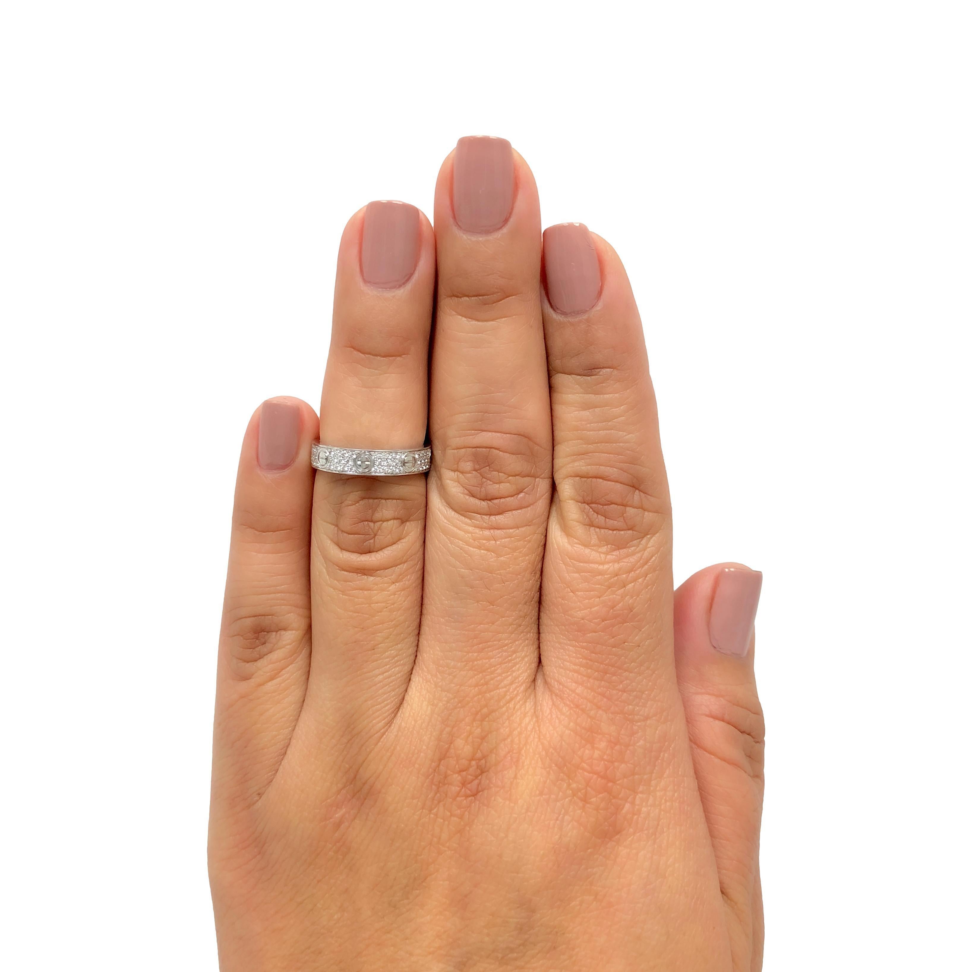 Cartier Love Ring Paved in 18K White Gold with Diamonds 4mm 5.25 US / 50 EU In Excellent Condition For Sale In New York, NY