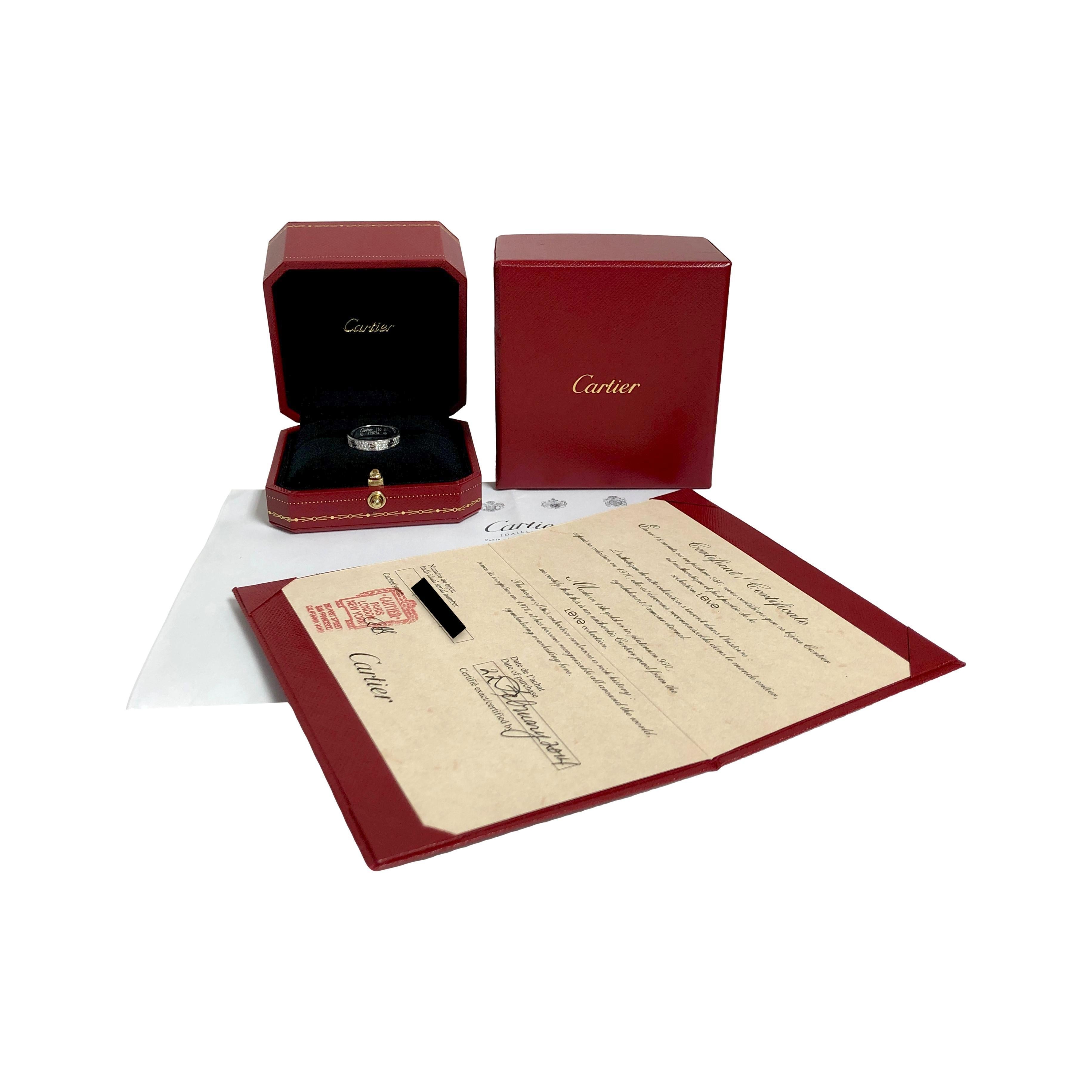 Women's Cartier Love Ring Paved in 18K White Gold with Diamonds 4mm 5.25 US / 50 EU For Sale