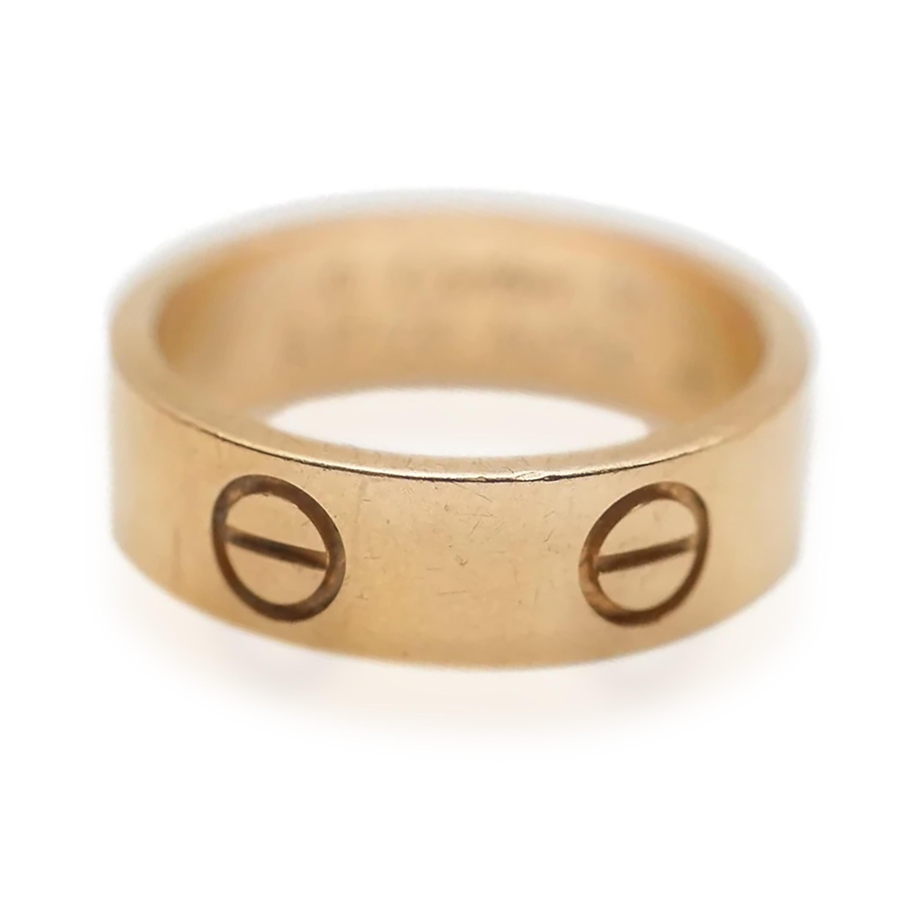 PRIMARY DETAILS
SKU: 137614
Brand: Cartier
Collection/Series: Love
Metal Type: 18K Yellow Gold
Metal Purity: 18K
Ring Size: 5.75
Pre-Owned Jewelry Condition: Excellent

SIDE STONE INFORMATION
Original Box?: Yes
Original Papers?: No