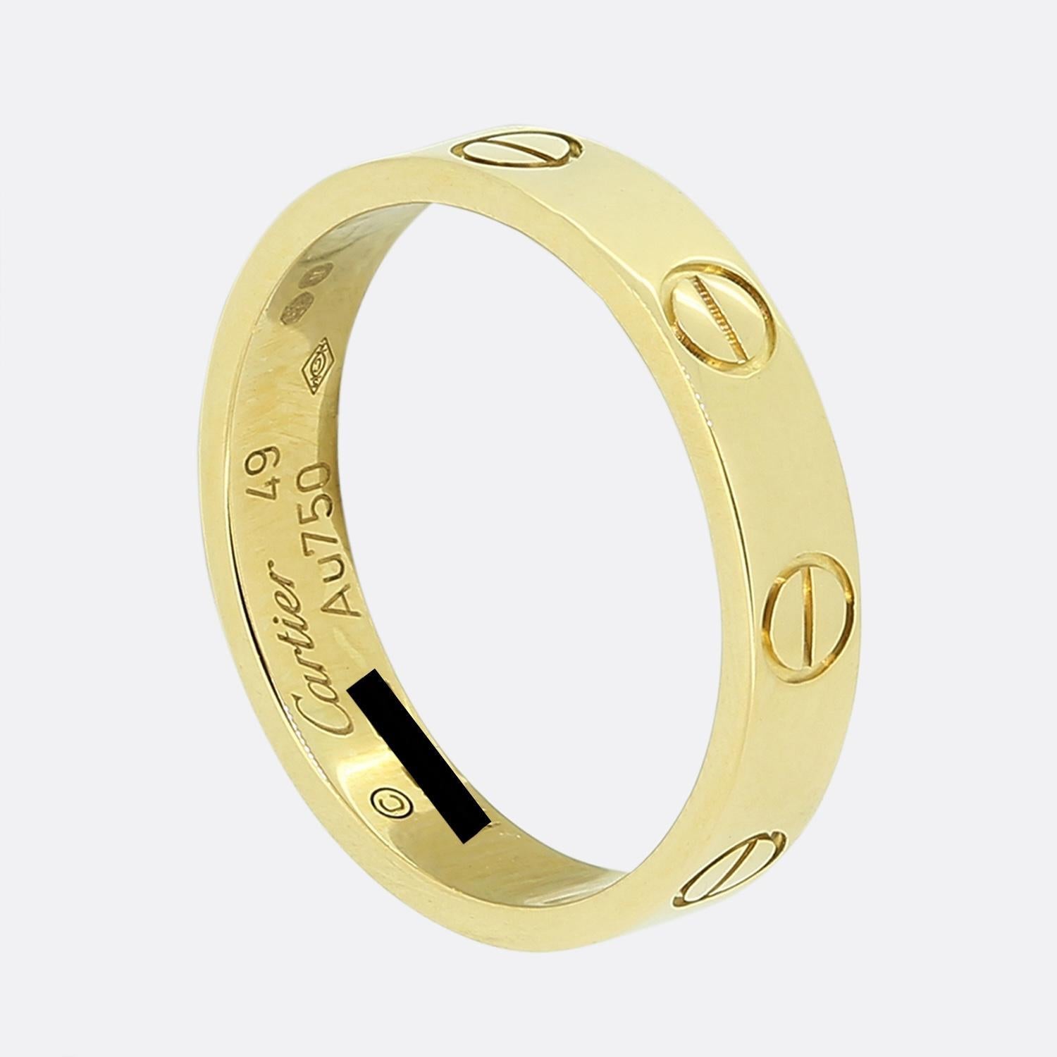 This is a beautiful 18ct yellow gold ring from Cartier's world renowned LOVE collection. The ring features the iconic screw motif which goes around the whole band. This is the 3.6mm small model.

Condition: Used (Excellent) - Professionally polished
