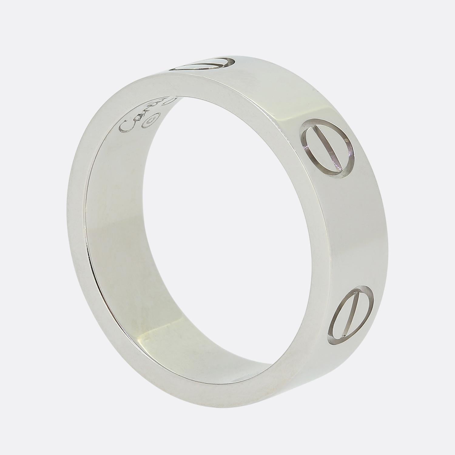 This is an 18ct white gold ring from the world renowned luxury jewellery house of Cartier. The ring forms part of the iconic LOVE collection and is one of the most celebrated items of jewellery in the world. This is the wider model with a width