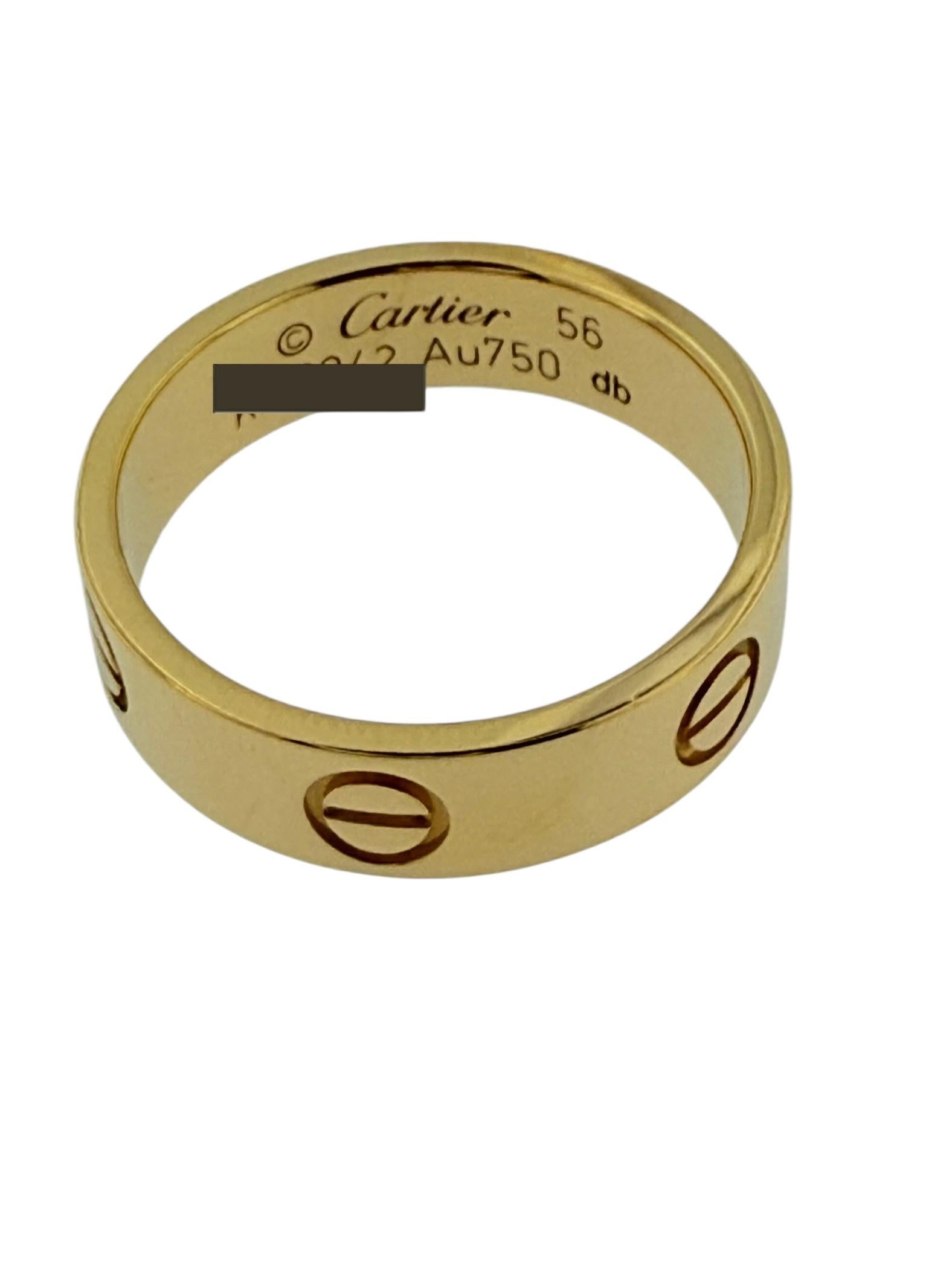 The Cartier Love Ring in Yellow Gold is a luxurious and iconic piece of jewelry created by the renowned French jewelry and watchmaker, Cartier. 

The ring is crafted from 18-karat yellow gold, which is known for its rich and warm color, as well as