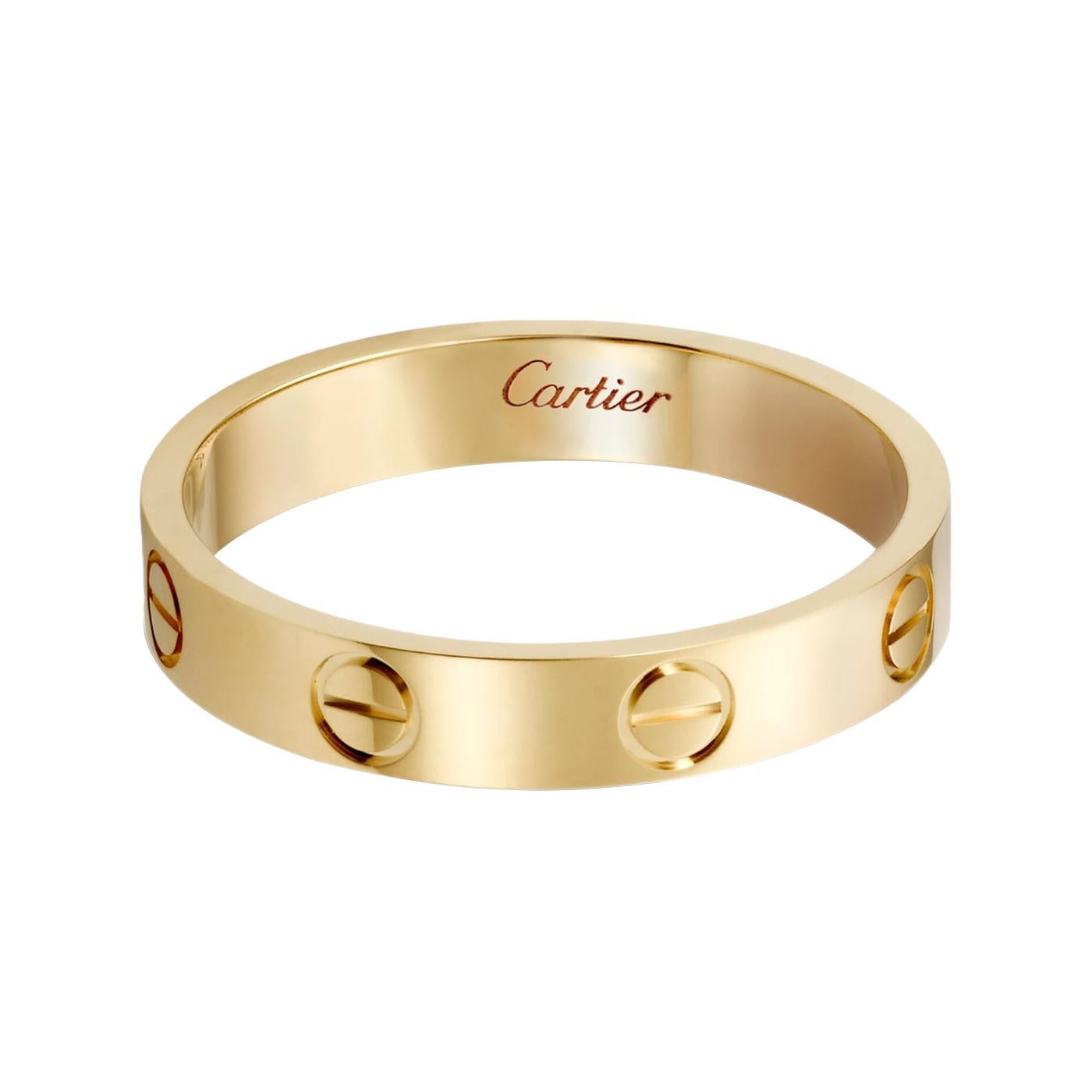 Alianza LOVE, oro amarillo (750/1000). Anchura: 3,6 mm (para la talla 54).

Detalles:
Marca: Cartier
Tipo Anillo de amor
Material: Oro amarillo
Tamaño: 54
Tema: Romántico, Amor
Fecha de compra: 2022
Alcance de la entrega: Caja y papeles
Ocasión: