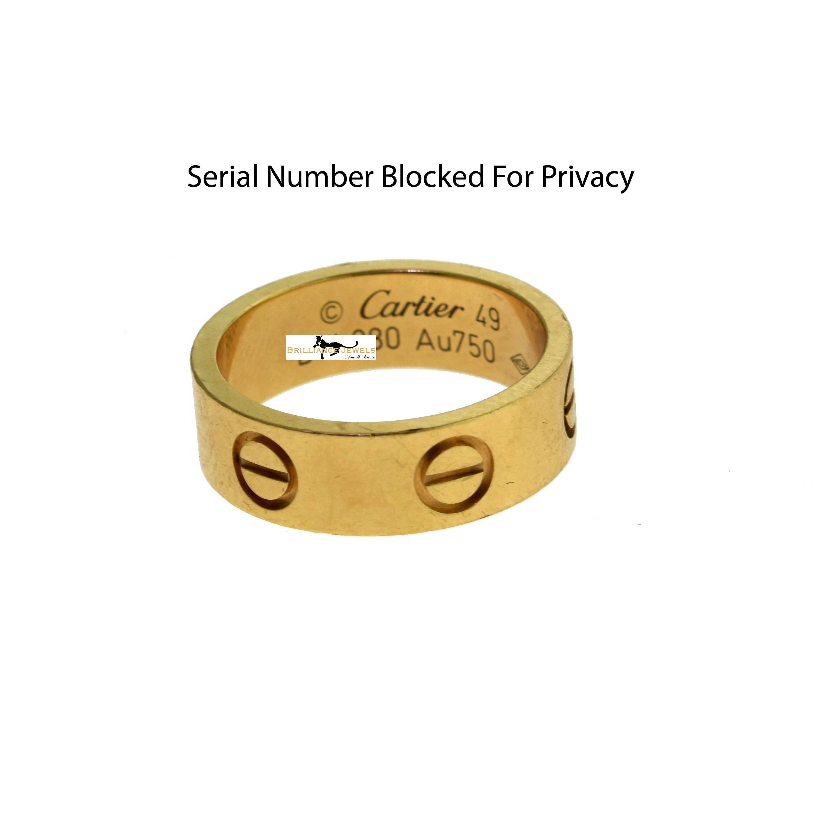 Brilliance Jewels, Miami
Questions? Call Us Anytime!
786,482,8100

Ring Size: 49 (euro) ; 4.75 (US)

Designer: Cartier

Collection: LOVE

Style: Band Ring

Metal: Yellow Gold

Metal Purity: 18k

Band Width: 5.59 mm

Total Item Weight (grams):