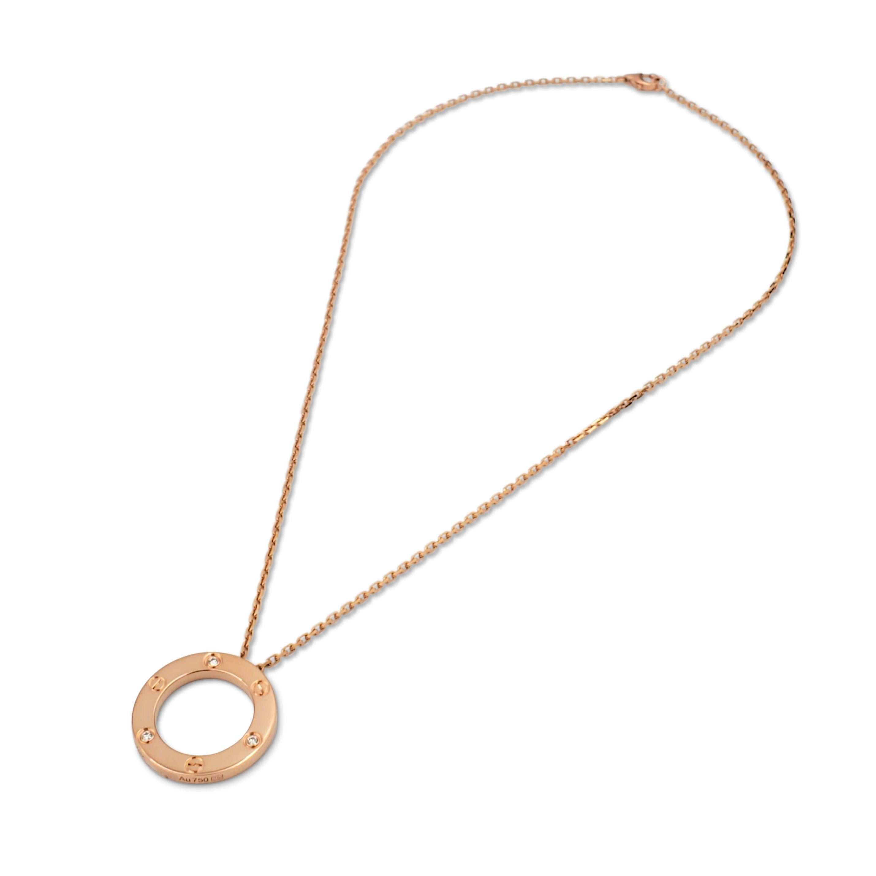 Round Cut Cartier 'Love' Rose Gold 3-Diamond Circle Charm Necklace