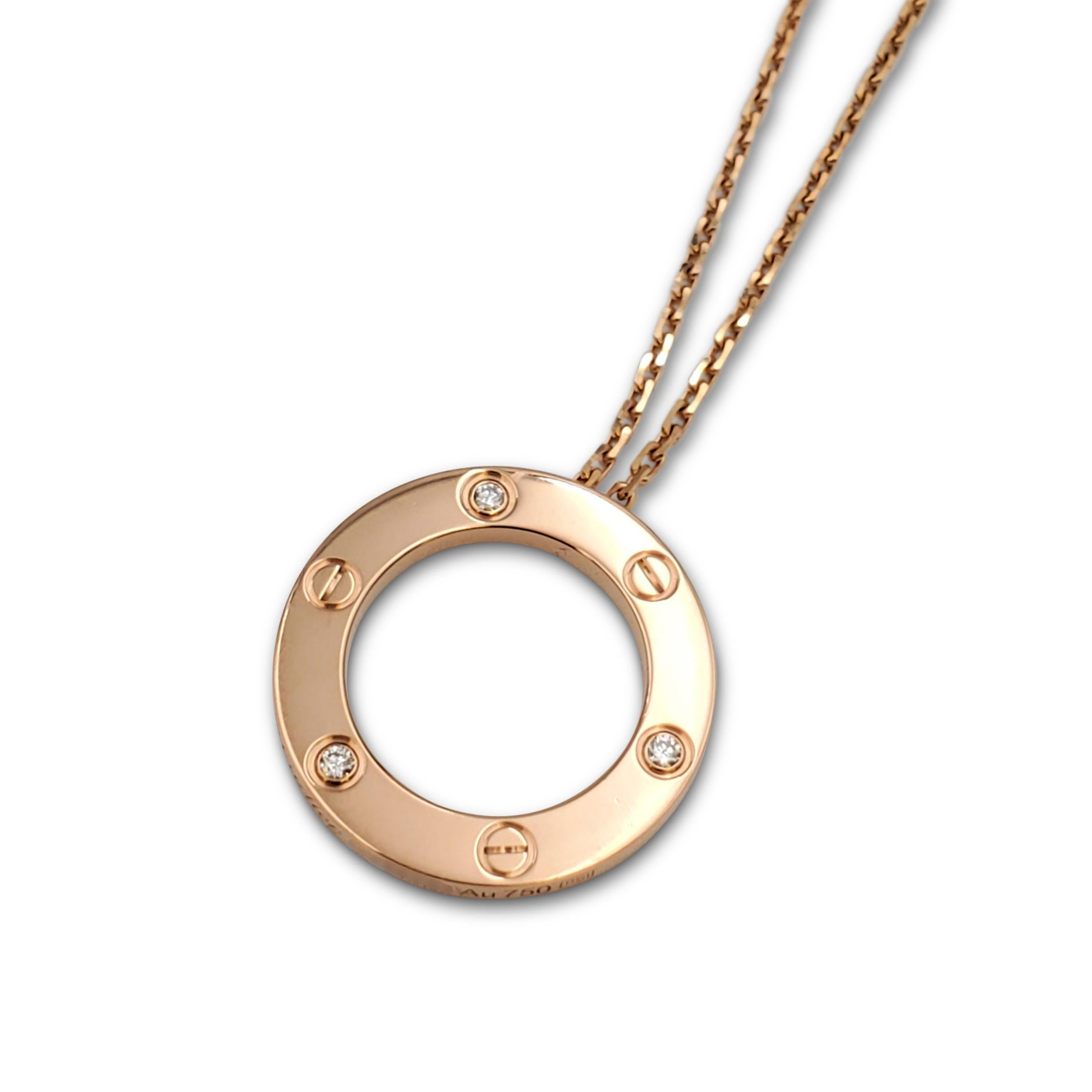 Women's or Men's Cartier 'Love' Rose Gold 3-Diamond Circle Charm Necklace