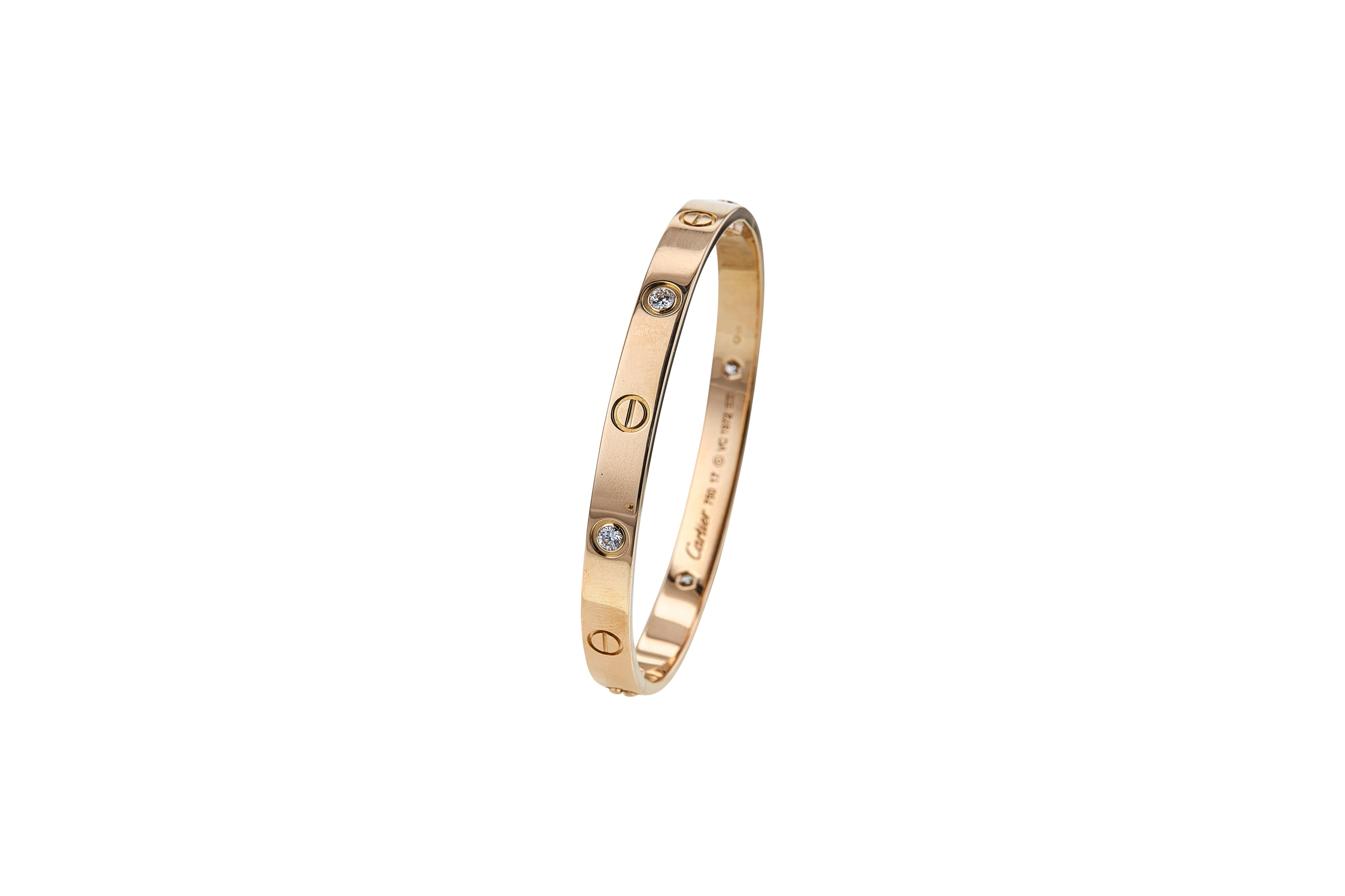 Round Cut Cartier 'Love' Rose Gold 4-Diamond Bracelet. Size 17 For Sale