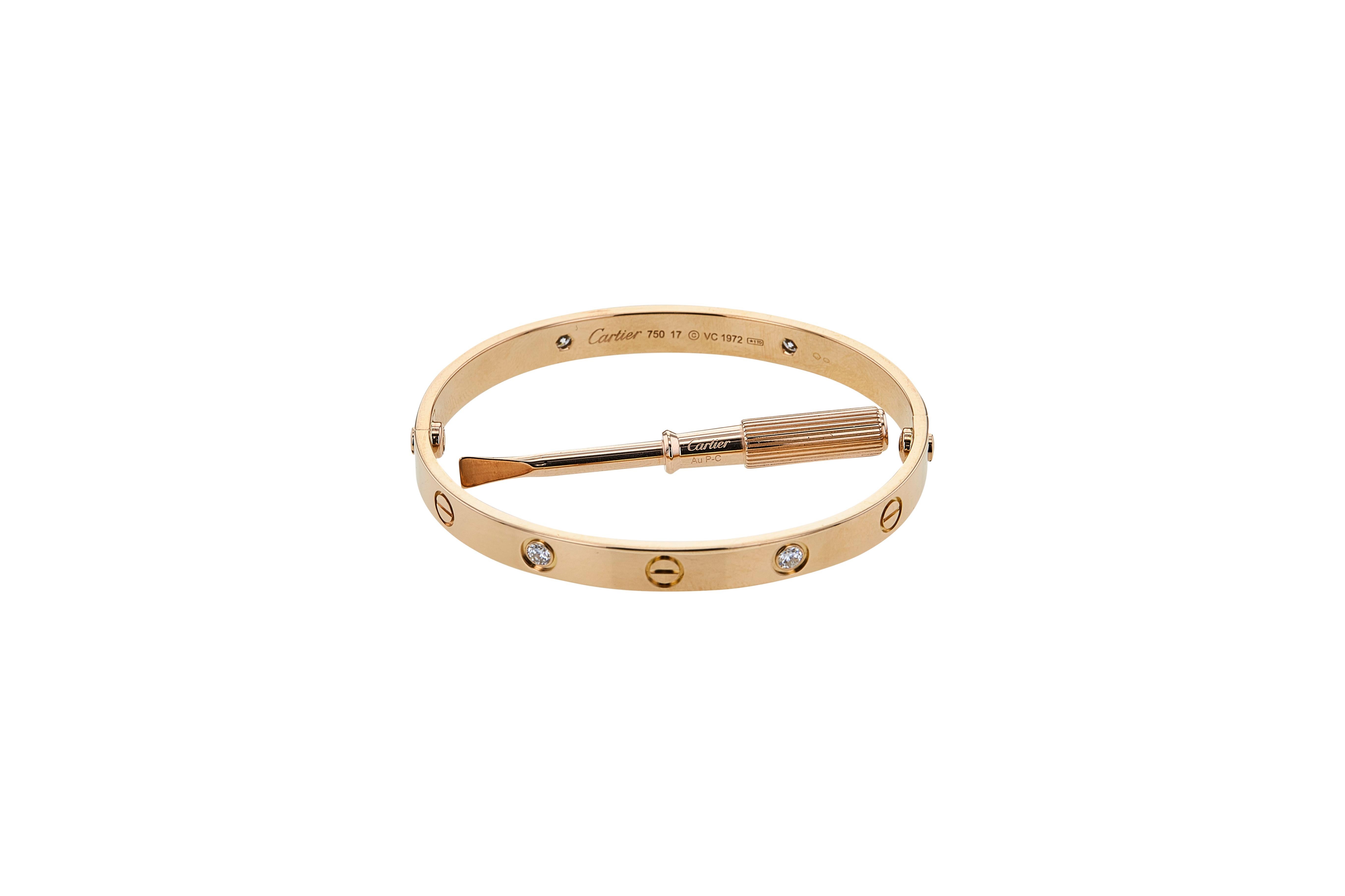 Cartier 'Love' Rose Gold 4-Diamond Bracelet. Size 17 In Good Condition For Sale In New York, NY