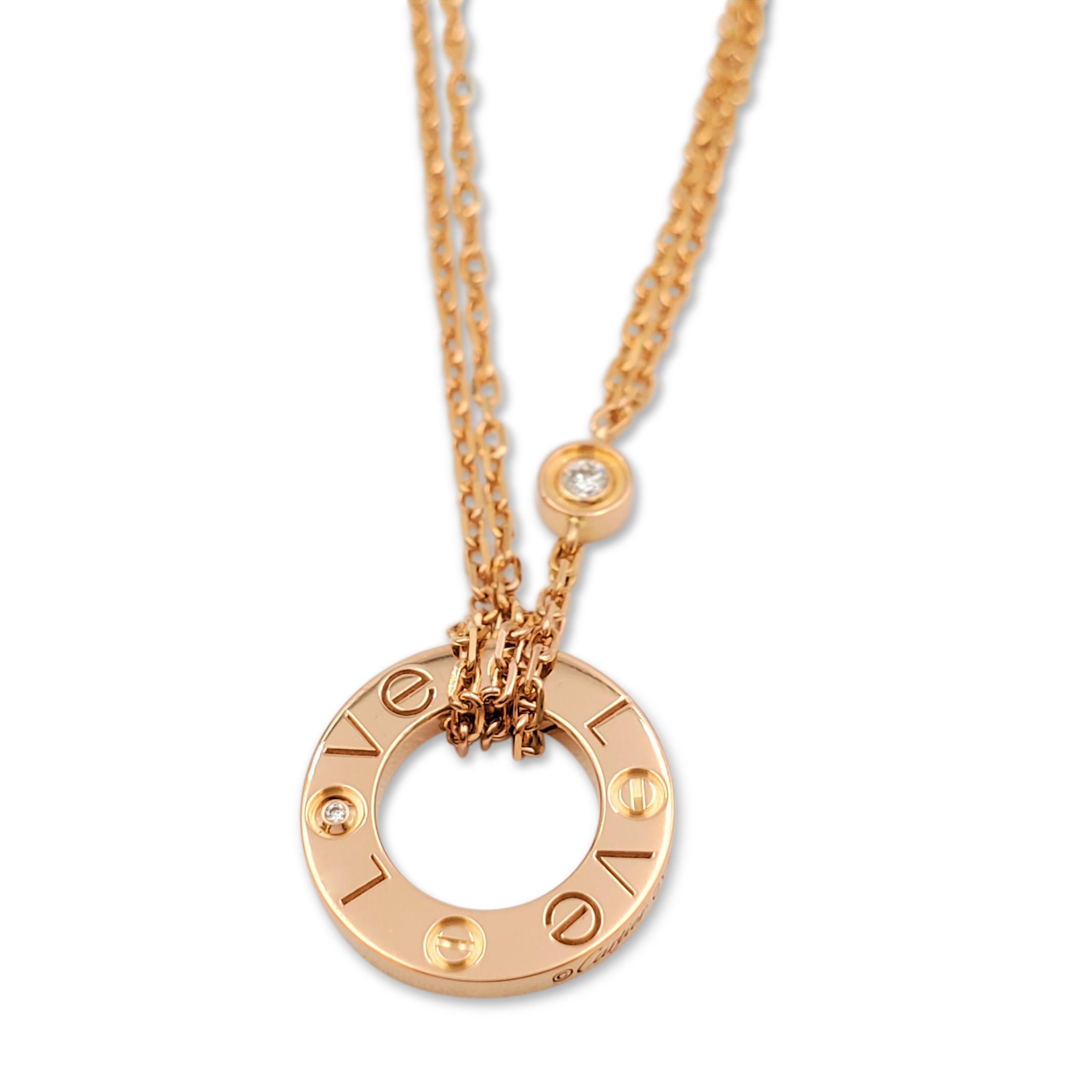 Round Cut Cartier 'Love' Rose Gold and Diamond Circle Charm Necklace