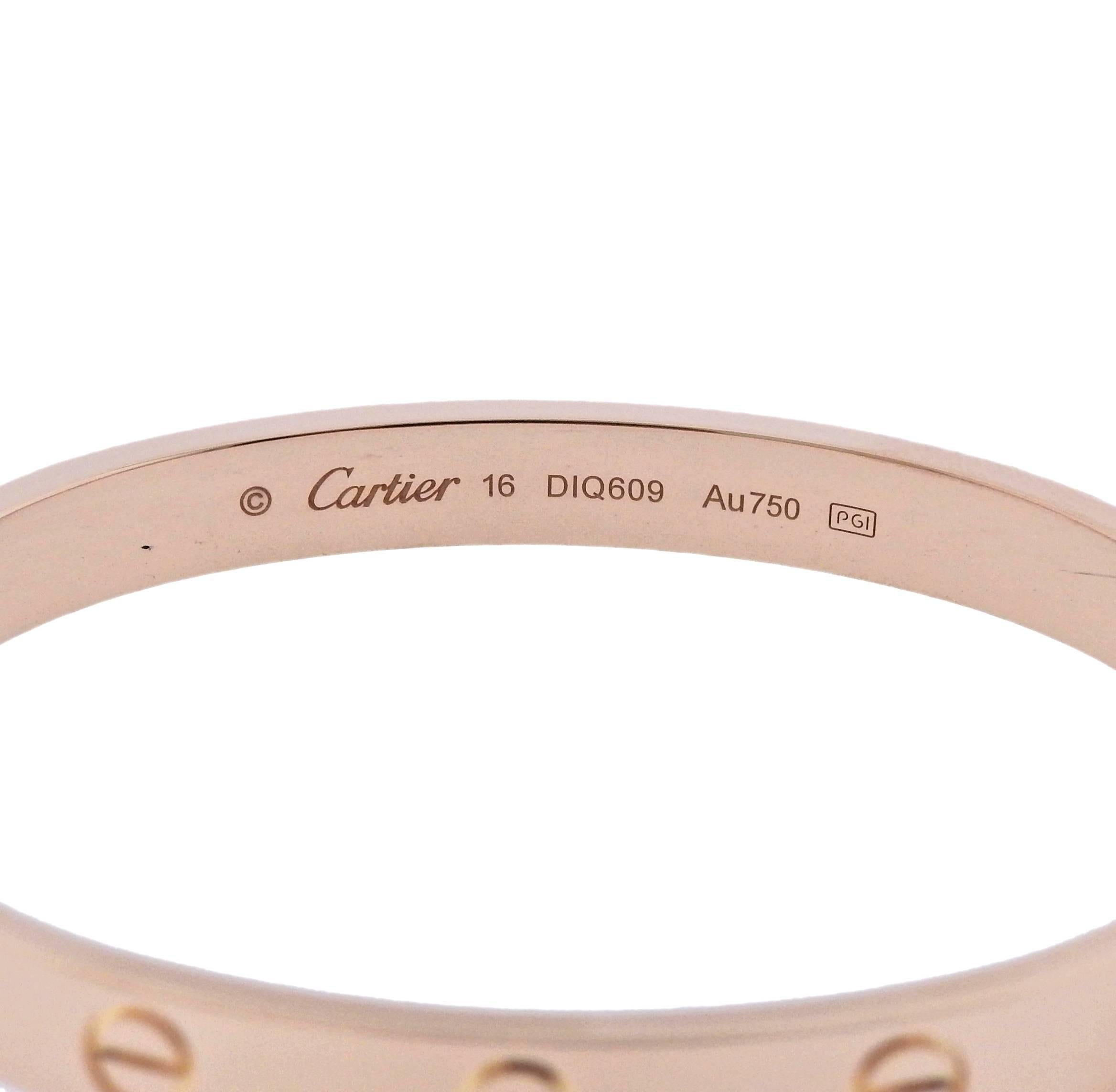  Iconic 18k rose gold Love bangle, crafted by Cartier. Retails for $6300, bracelet comes with , screwdriver and a box. Bracelet is Cartier size 16, will fit approx. 6.5