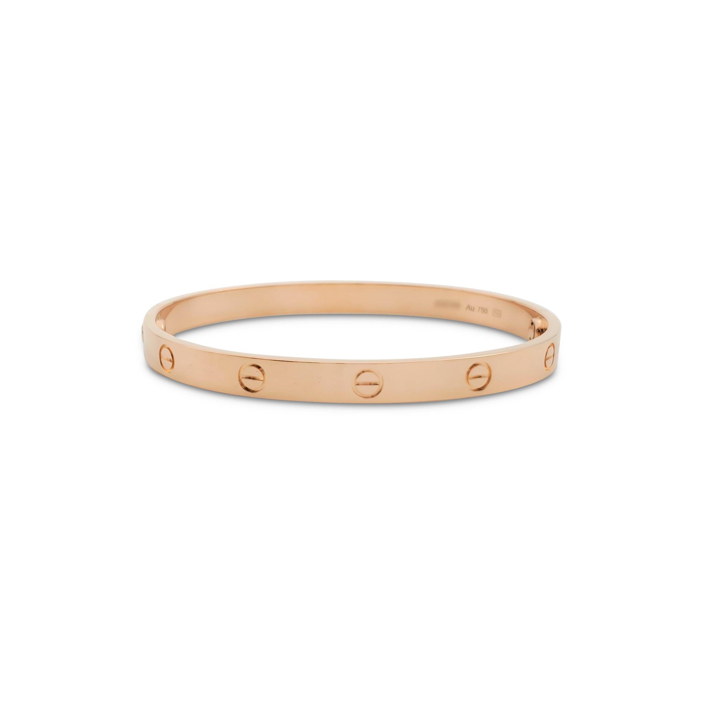 Authentic Cartier 'Love' bracelet crafted in 18 karat rose gold. Size 19. Signed Cartier, 17, Au750, with serial number and hallmarks. The bracelet is presented with the original box, papers, and screwdriver. CIRCA 2010s.

Bracelet Size: 19
Box: