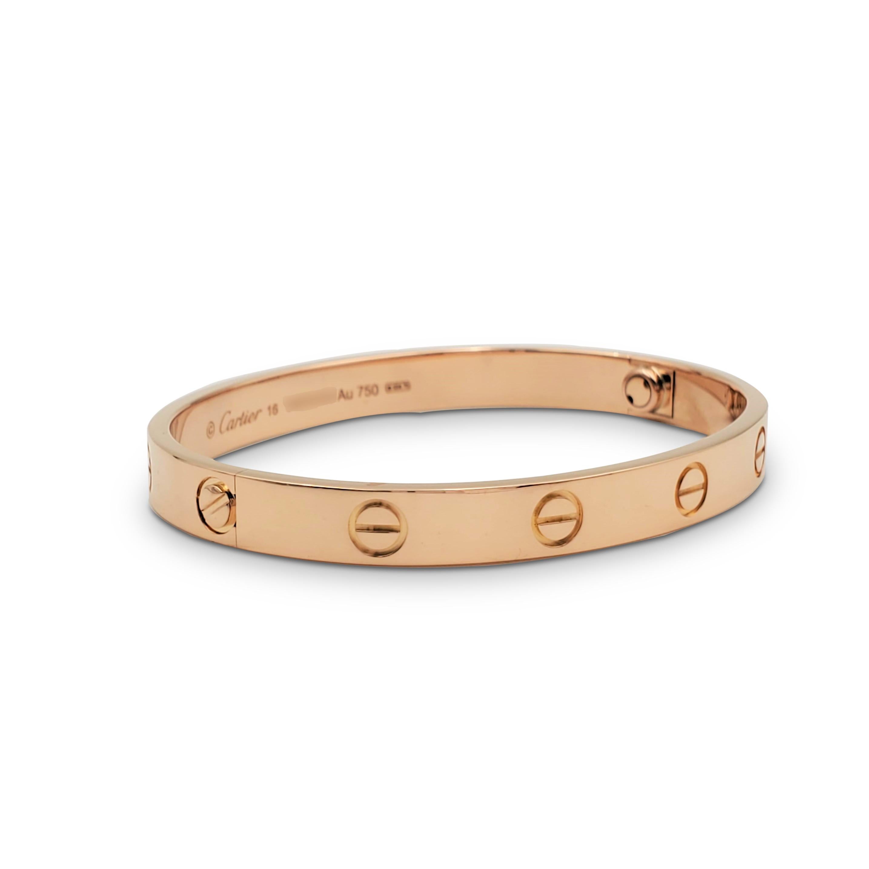 Authentic Cartier 'Love' bracelet crafted in 18 karat rose gold. Size 16. Signed Cartier, 16, Au750, with serial number. The bracelet is presented with the original screwdriver, no box or papers. CIRCA 2010s.

Bracelet Size: 16 (16 cm)
Box:
