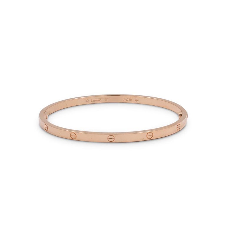 Authentic Cartier 'Love' bracelet crafted in 18 karat rose gold. Size 18, US 6.75. Signed Cartier, 18, Au750, with serial number. The bracelet is presented with the original box, papers, and screwdriver. CIRCA 2020s.

Brand: Cartier
Collection: