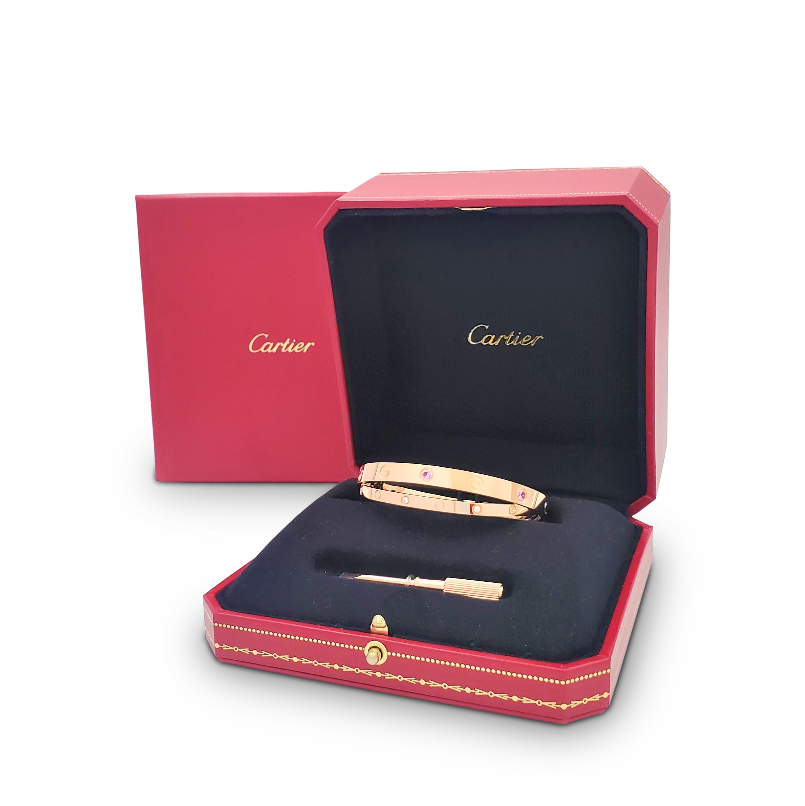 Cartier 'Love' Rose Gold Diamond and Pink Sapphire Bracelet In Excellent Condition In New York, NY