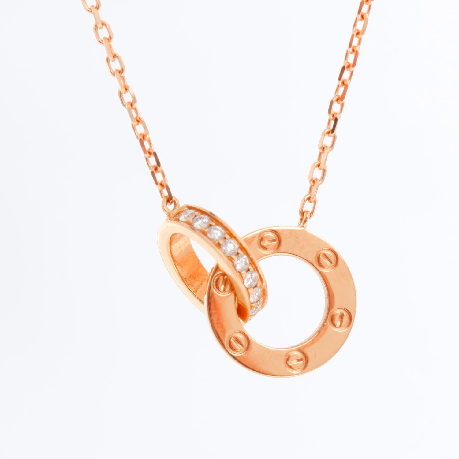 Cartier Love Rose Gold Diamond Necklace Ref. CRB7224528 - 18K Rose gold set with 48 brilliant cut diamonds totaling .30 carats . Chain length 16 inches. Pre-owned with Cartier box and papers. Papers dated 2022.