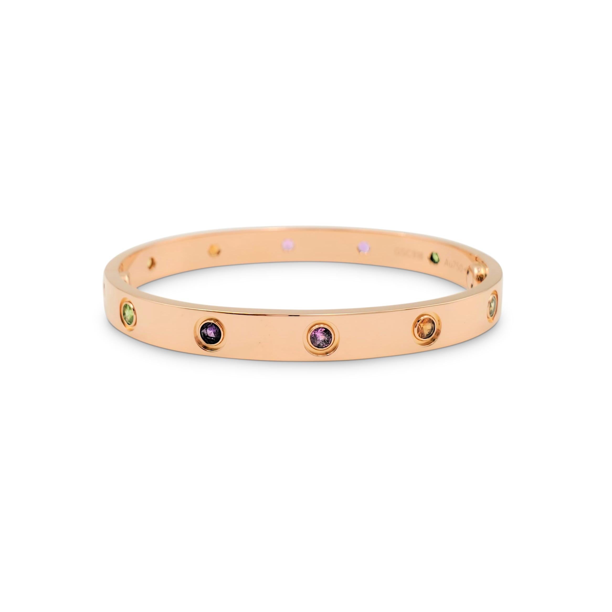 Authentic Cartier 'Love' bracelet crafted in 18 karat rose gold is set with vibrant sapphires, garnet, and amethyst stones. Size 16. Signed Cartier, 16, Au750, with serial number and hallmarks. The bracelet is presented with the original box,