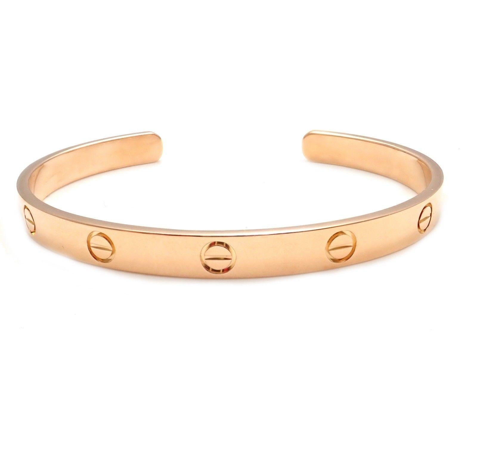 18k Rose Gold Cartier Love Open Cuff Bangle Bracelet. 
At Size 19, this Love Bangle also comes with a Cartier box.
Details:
Length: 19cm
Weight: 25.6 grams
Width: 6.5mm
Hallmarks: Cartier 750 19 ZC6760
*Free Shipping within the United States*
YOUR