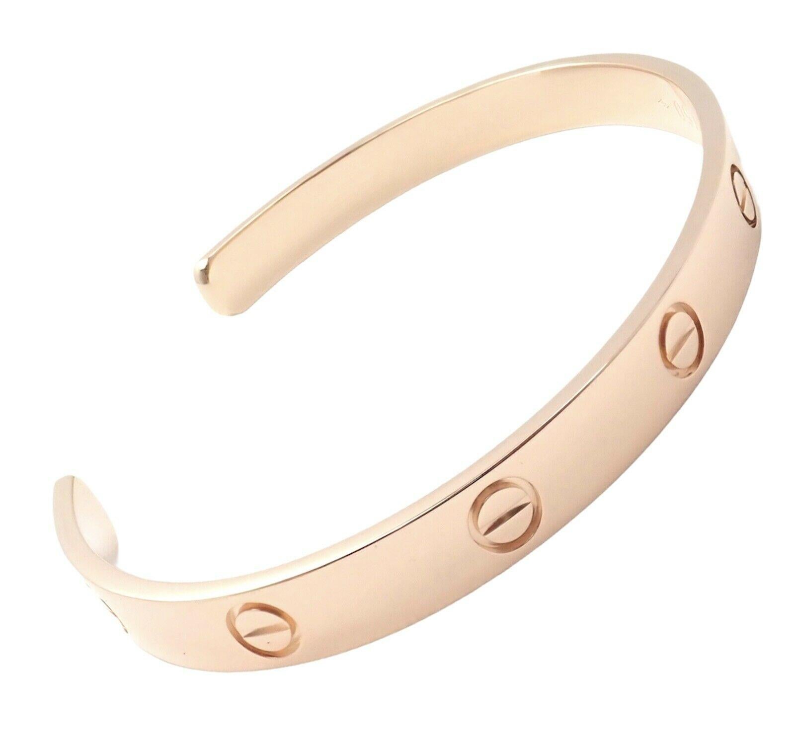 18k Rose Gold Cartier Love Open Cuff Bangle Bracelet. Size 19.
Details:
Length: 19cm
Weight: 24.7 grams
Width: 6.5mm
Hallmarks: Cartier 19 EZ(*serial omitted*) AU750 
*Free Shipping within the United States*
YOUR PRICE: $4,350
Ti643tedd