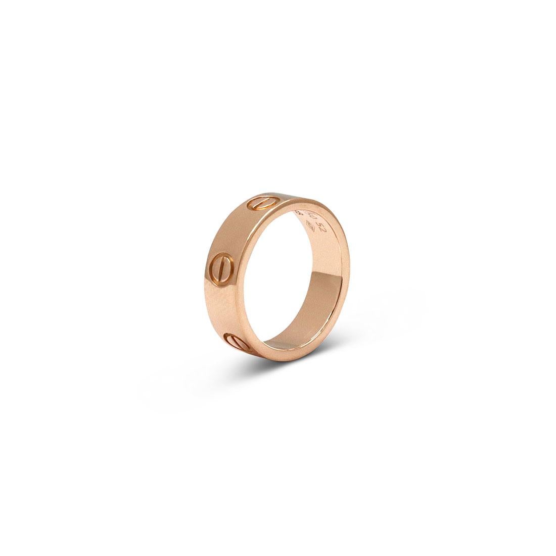 Authentic Cartier 'Love' band crafted in 18 karat rose gold. Signed Cartier, 52, 750, with serial number and hallmark. Ring size 52 (US 6). The band is presented with the original box and no papers. CIRCA 2010s.

Brand: Cartier
Collection: