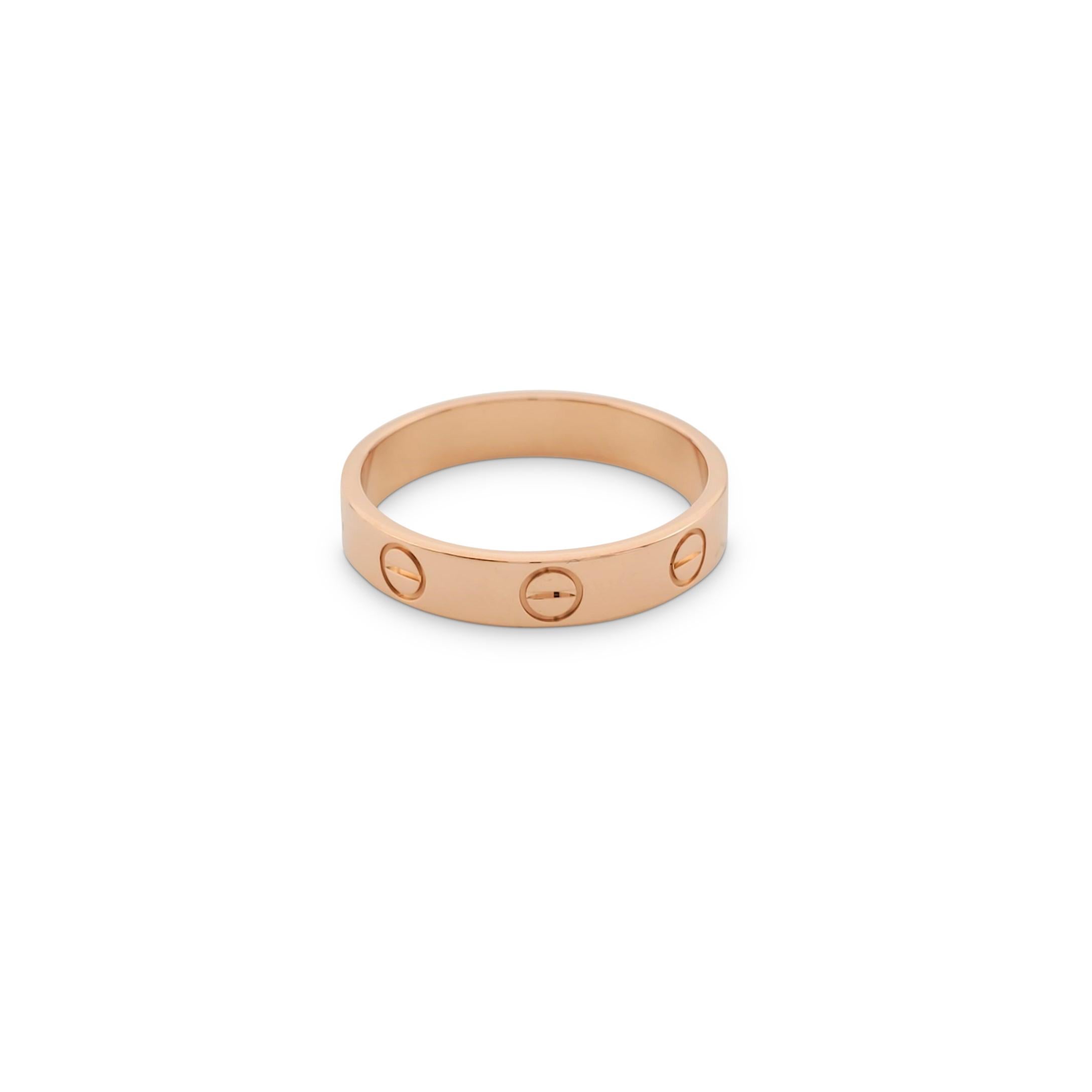 Authentic Cartier 'Love' wedding band crafted in 18 karat rose gold. Signed Cartier, 750, with serial number. Ring size 53 (US 6 1/4). The ring is not presented with the original box or papers.

Ring Size: 53 (US 6 1/4)
Box: No
Papers: No