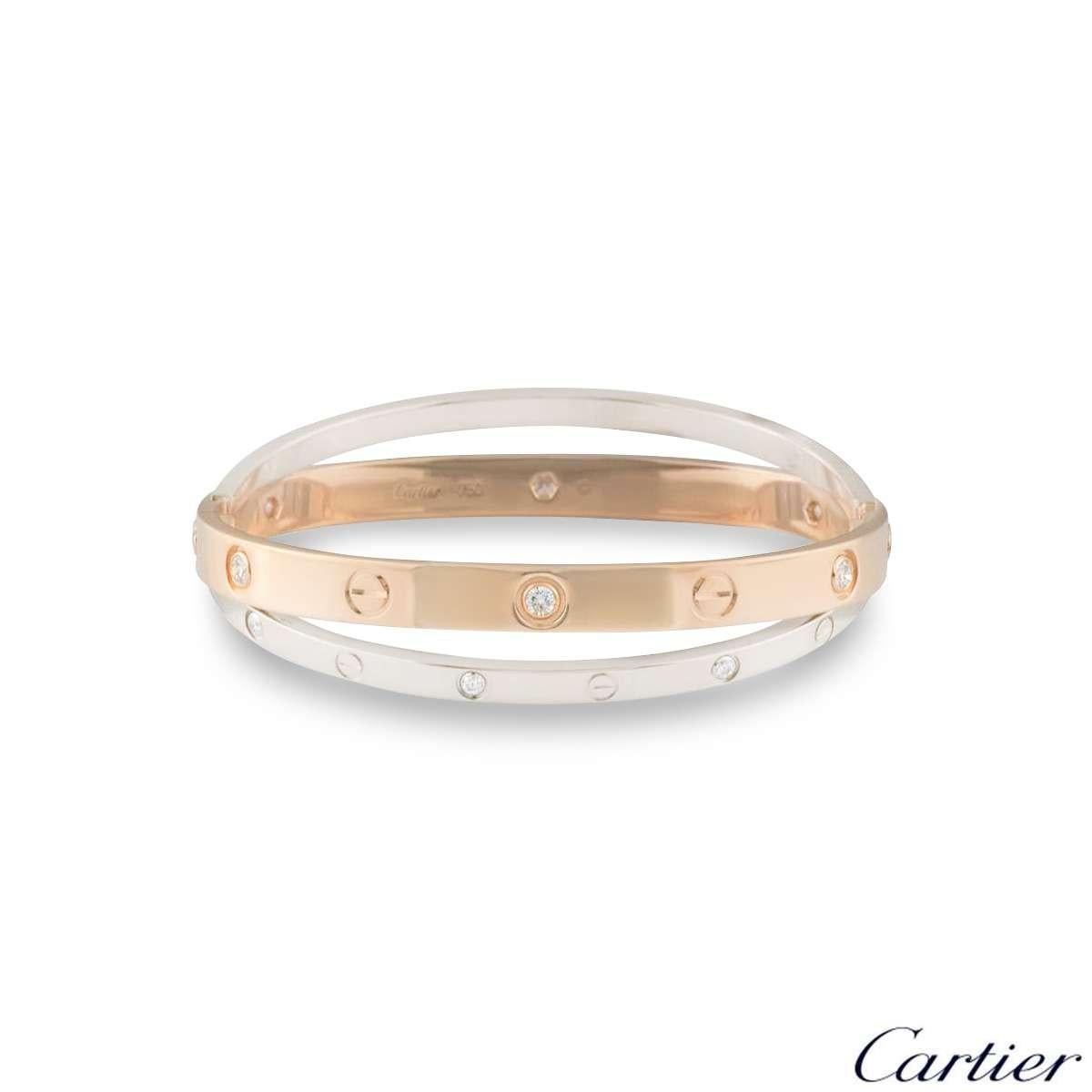 A stunning 18k double rose and white gold diamond bangle by Cartier from the Love collection. The rose gold bangle is set with 6 round brilliant cut diamonds and alternating screw motifs, interlinking with it is a white gold band on either side also