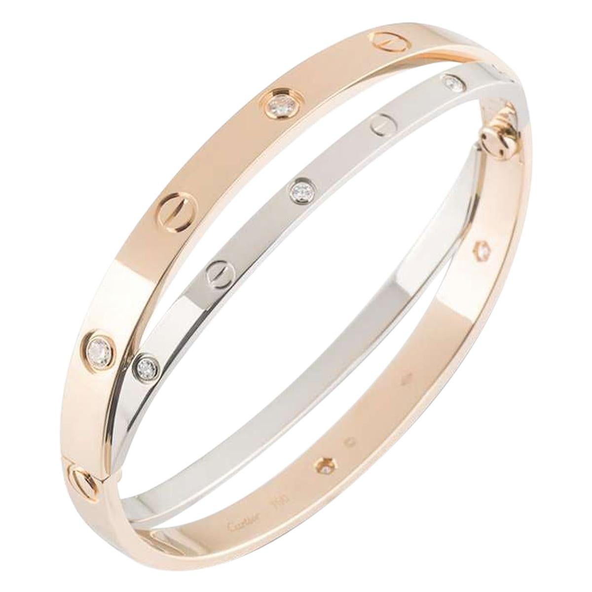 Cartier Love Diamond 18k Two Tone Gold Double Band Bangle Bracelet 16