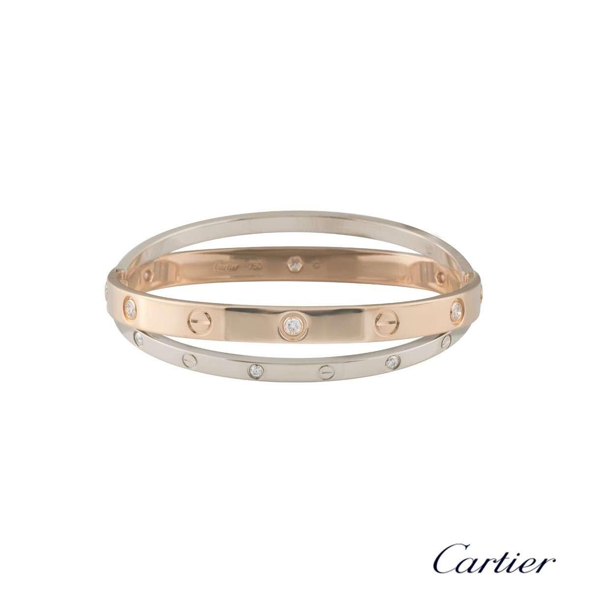 An 18k double rose and white gold diamond Love bangle by Cartier from the Love collection. The rose gold bangle is set with 6 round brilliant cut diamonds and alternating screw motifs, interlinking with it is a white gold band on either side also