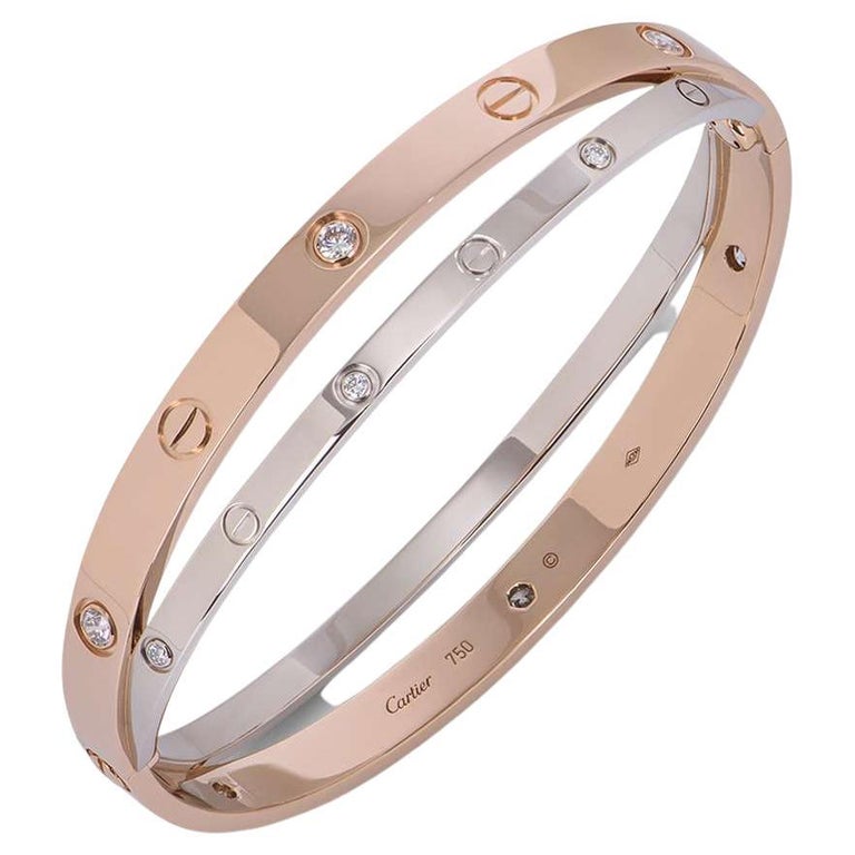 Cartier Rose Gold Half Diamond and Pink Sapphire Love Bracelet Size 17  N6705917 For Sale at 1stDibs