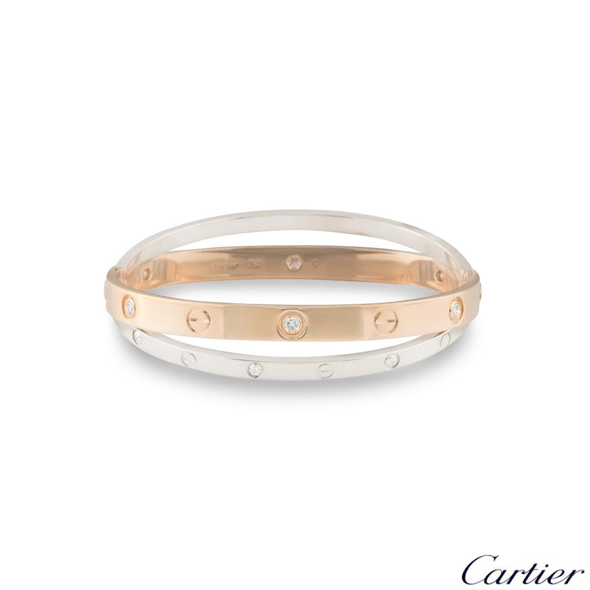 An 18k double rose and white gold diamond bangle by Cartier from the Love collection. The rose gold bangle is set with 6 round brilliant cut diamonds and alternating screw motifs, interlinking with it is a white gold band on either side also