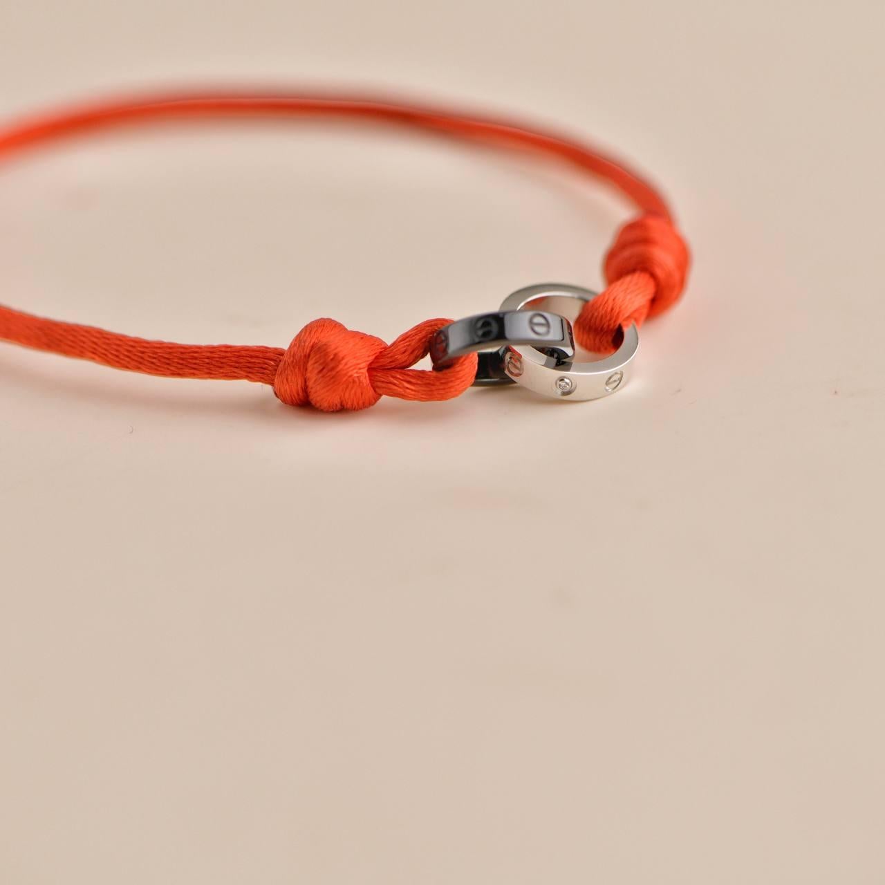 Women's or Men's Cartier Love Sevres Porcelain 4 Diamond 18k White Gold Red Cord Bracelet