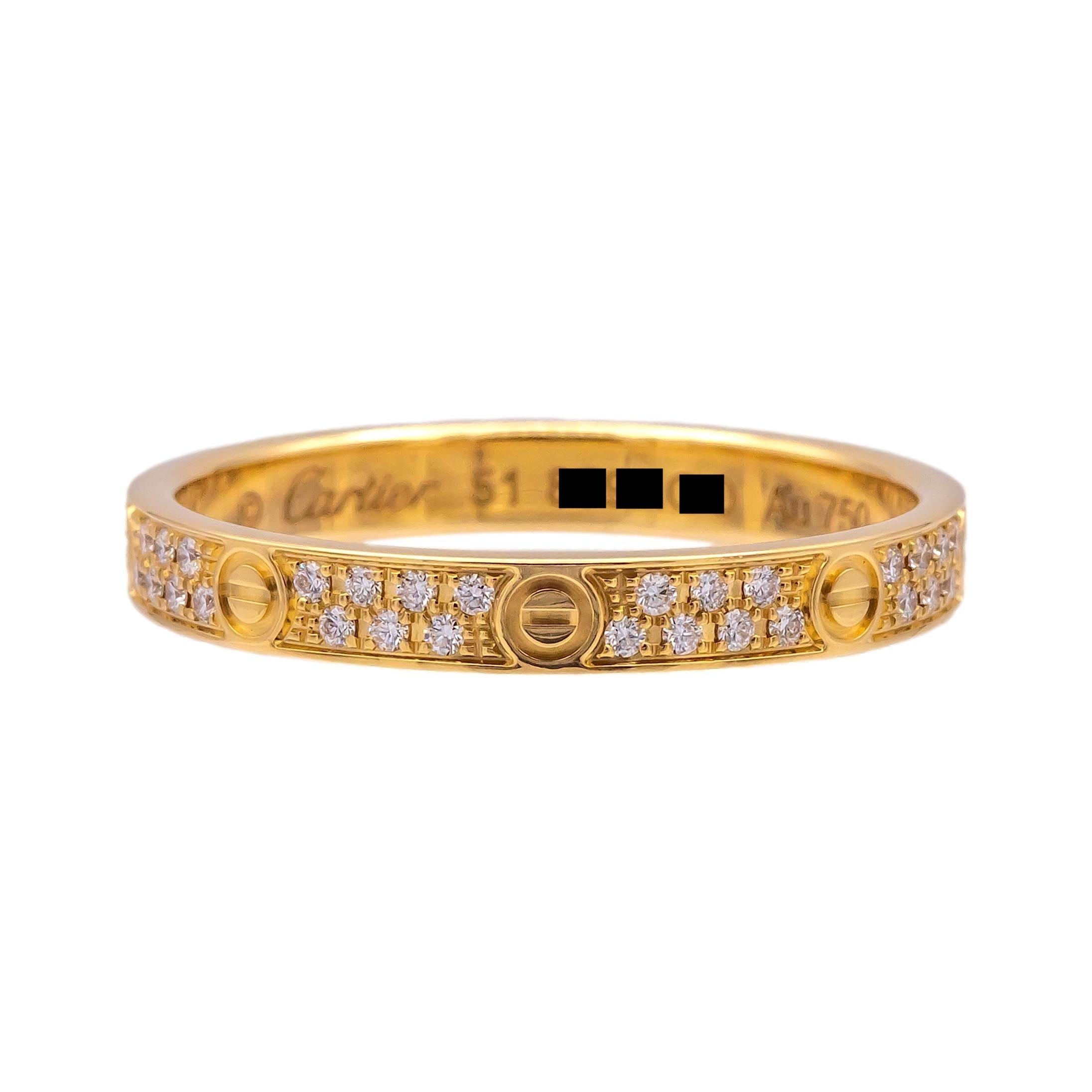 Cartier Love Kleiner Diamant-Pavé-Ring 18K Gelbgold Größe 5,5 (51) Cert + recpt (Brillantschliff)