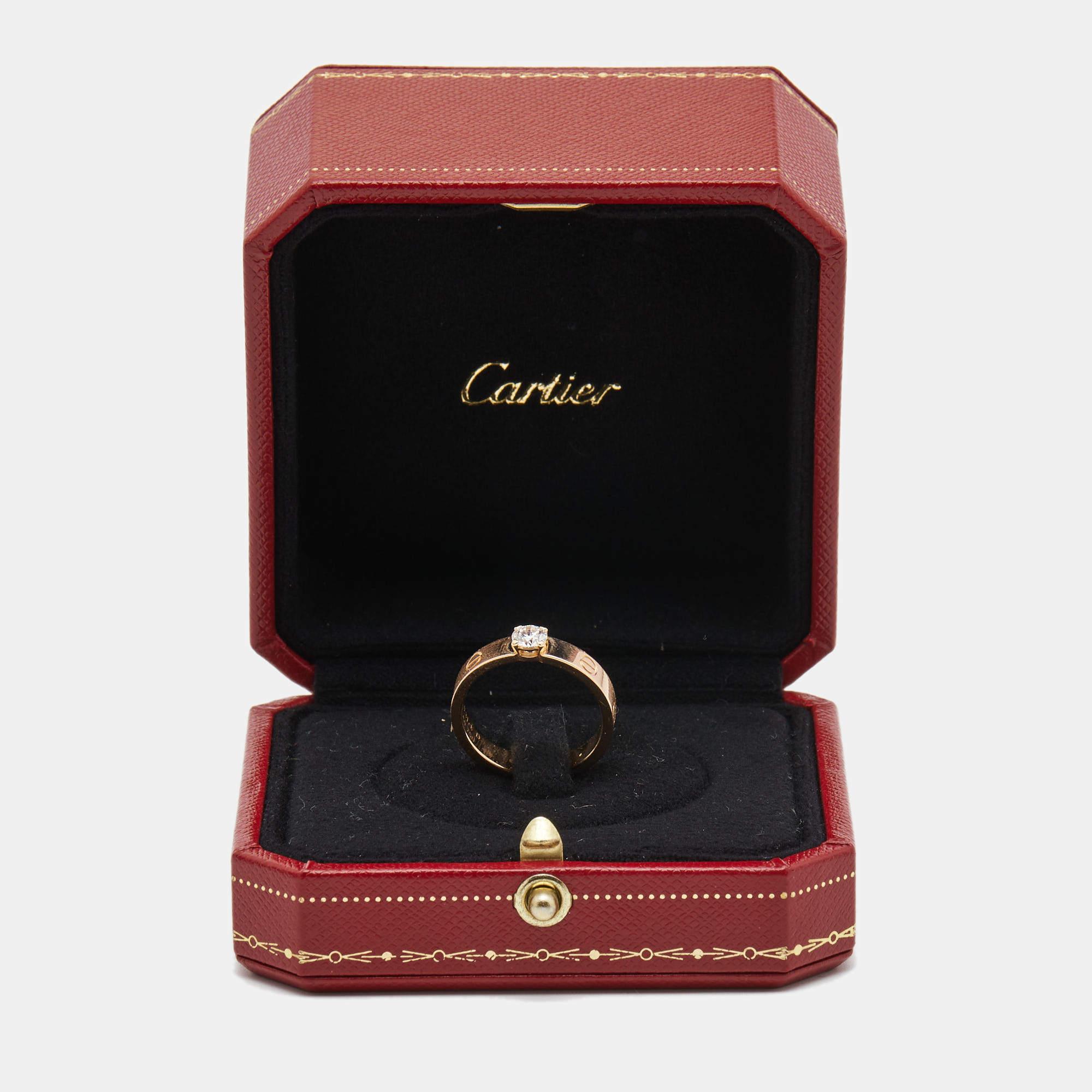 Rose Cut Cartier Love Solitaire Diamond 18k Rose Gold Ring Size 54