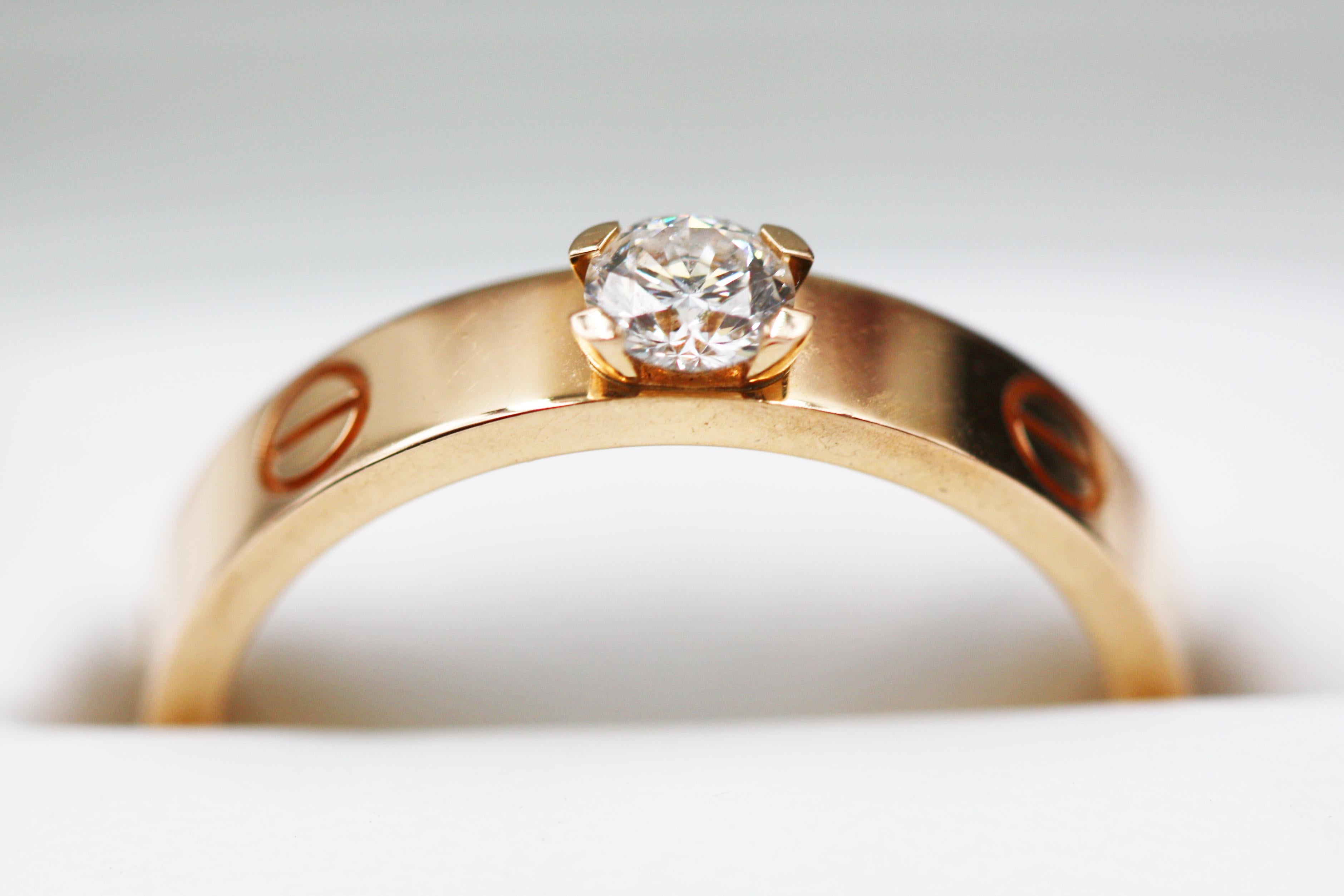 Round Cut Cartier Love Solitaire Pink Gold Diamond Ring For Sale