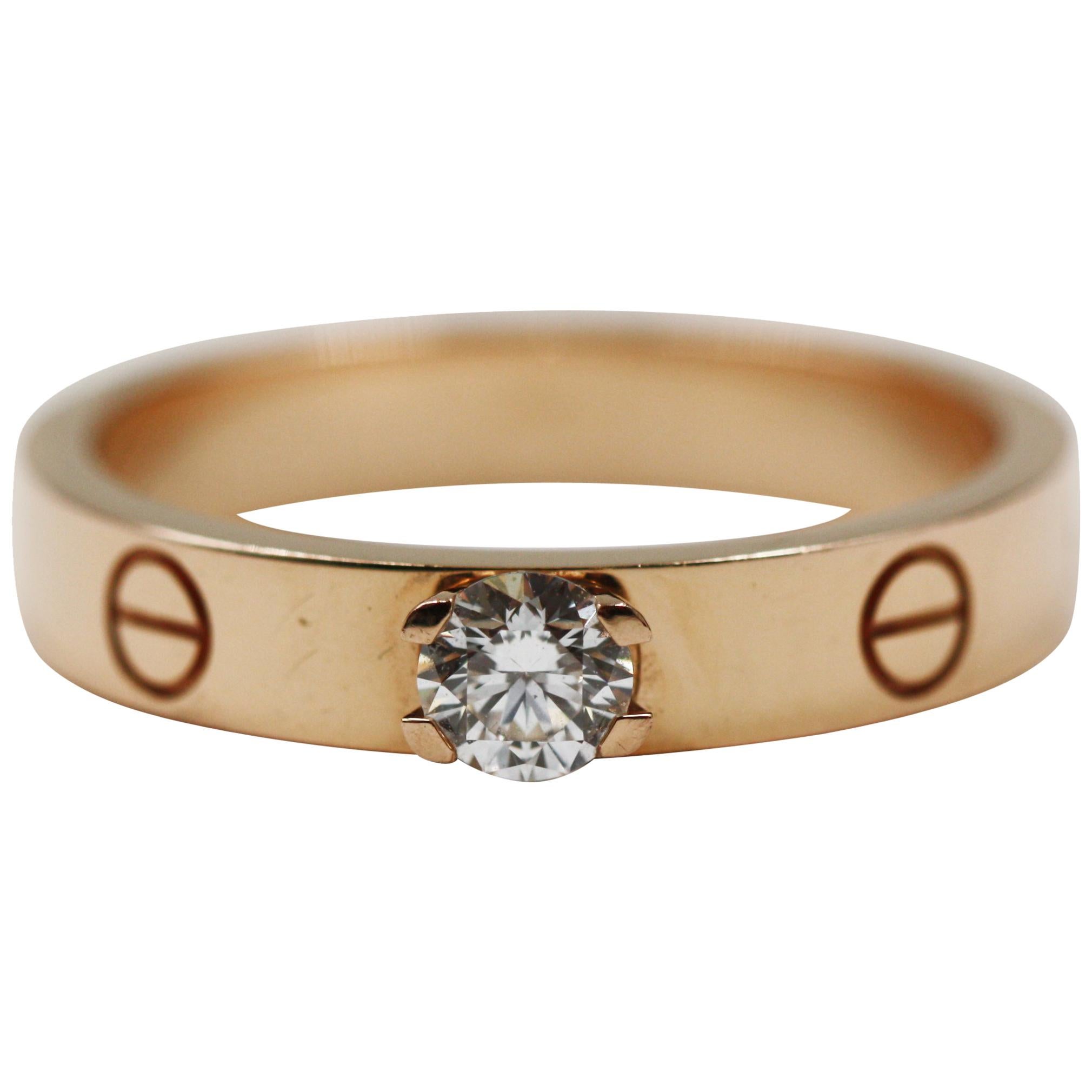 Cartier Love Solitaire Pink Gold Diamond Ring For Sale