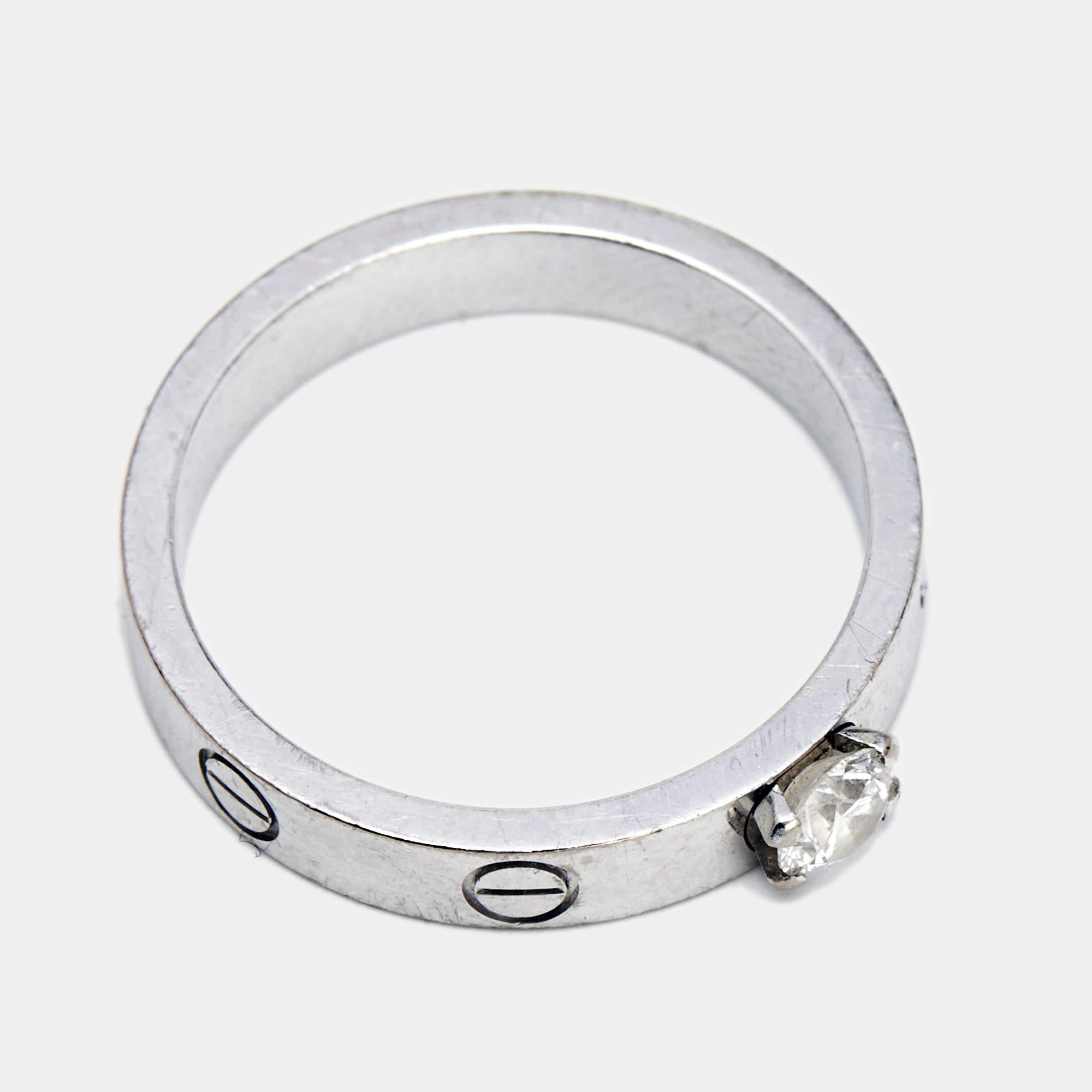 Contemporary Cartier Love Solitare Diamond 18k White Gold Ring Size 54