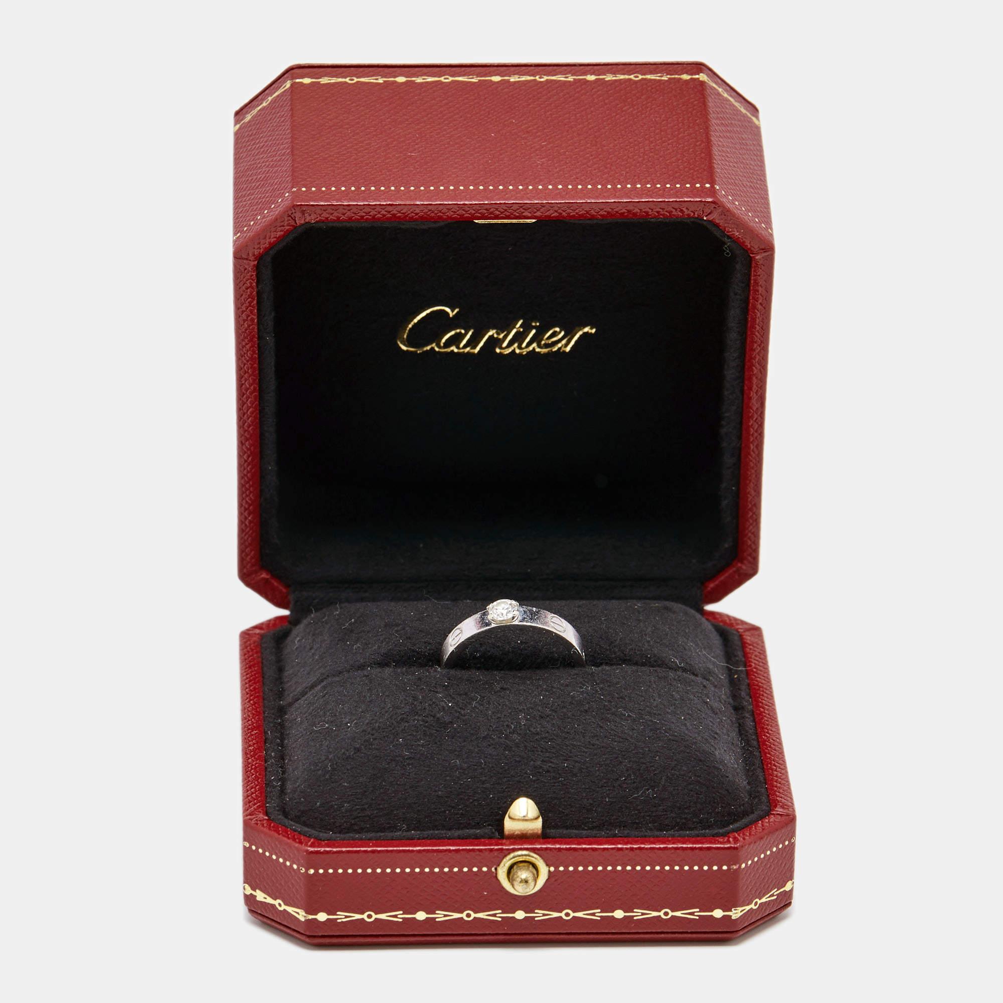 Cartier Love Solitare Diamond 18k White Gold Ring Size 54 In Fair Condition For Sale In Dubai, Al Qouz 2
