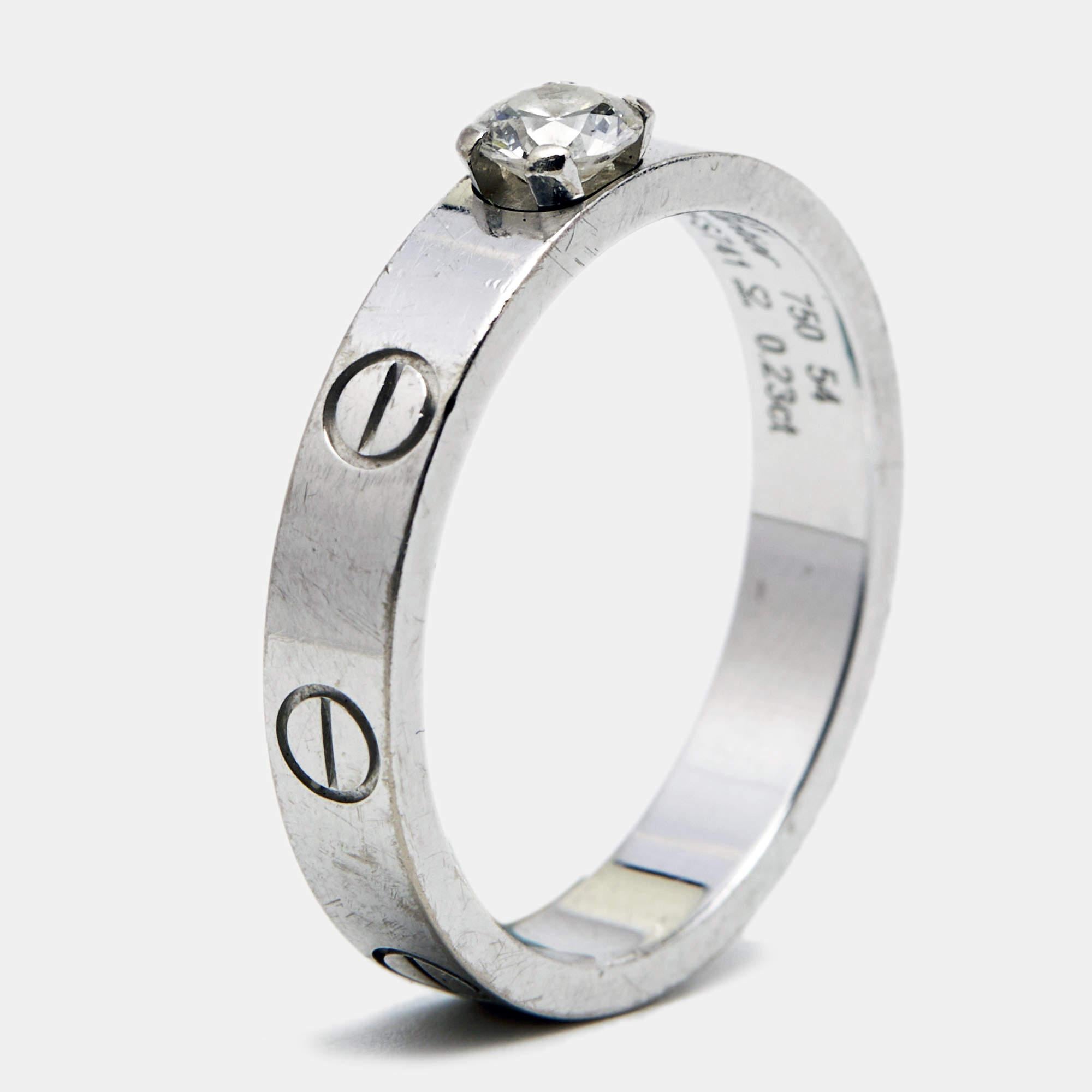 Cartier Love Solitare Diamond 18k White Gold Ring Size 54 For Sale