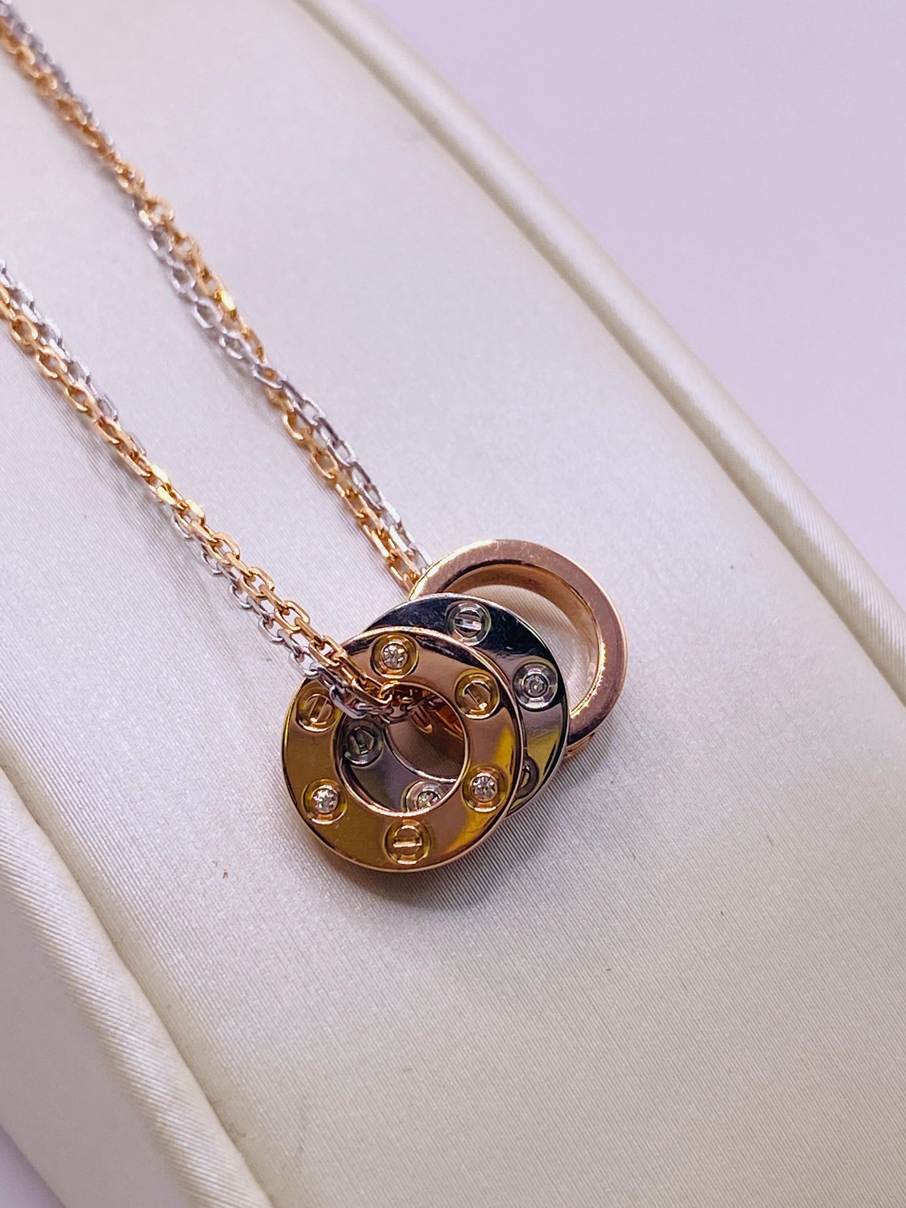 Brilliant Cut Cartier Love Two-Tone Diamond 3-Hoop Pendant Necklace