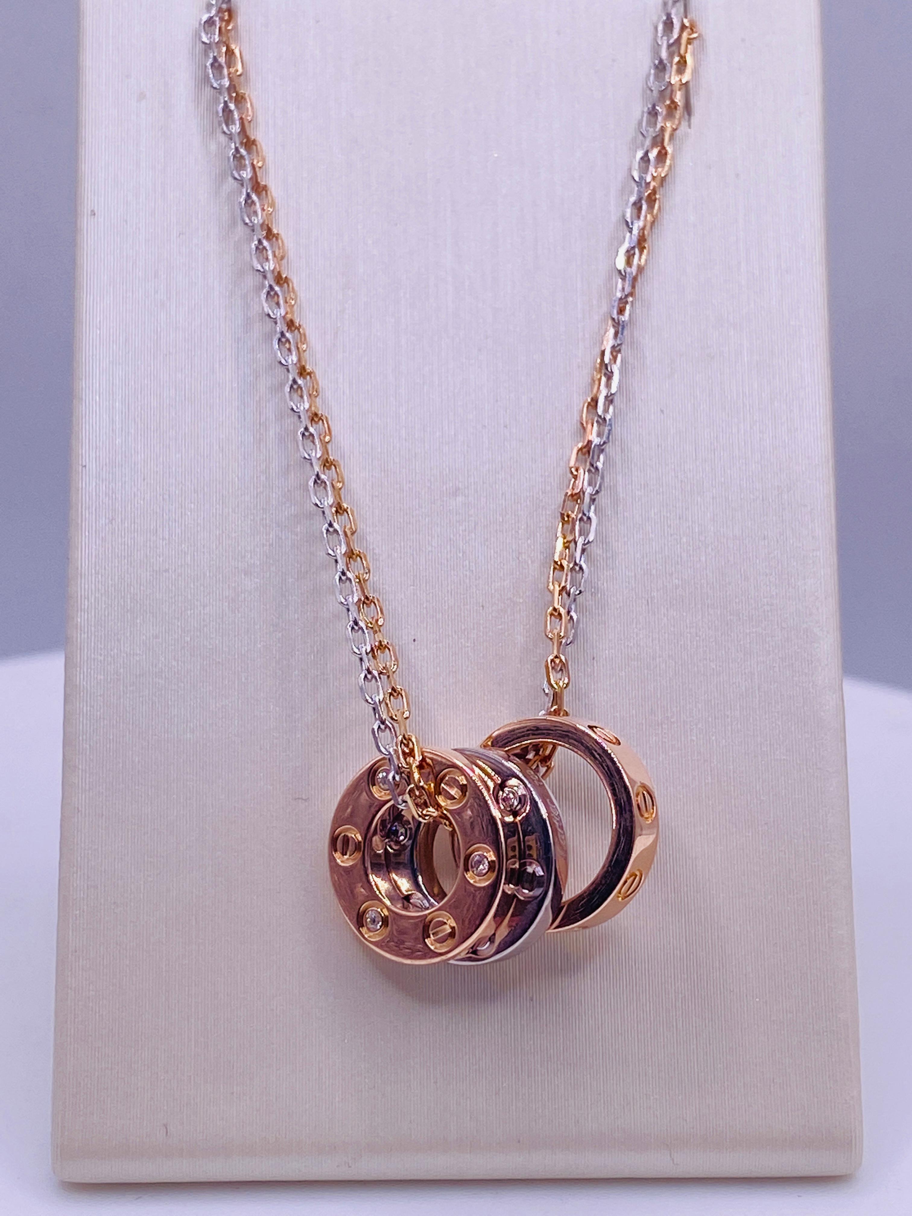 Women's or Men's Cartier Love Two-Tone Diamond 3-Hoop Pendant Necklace