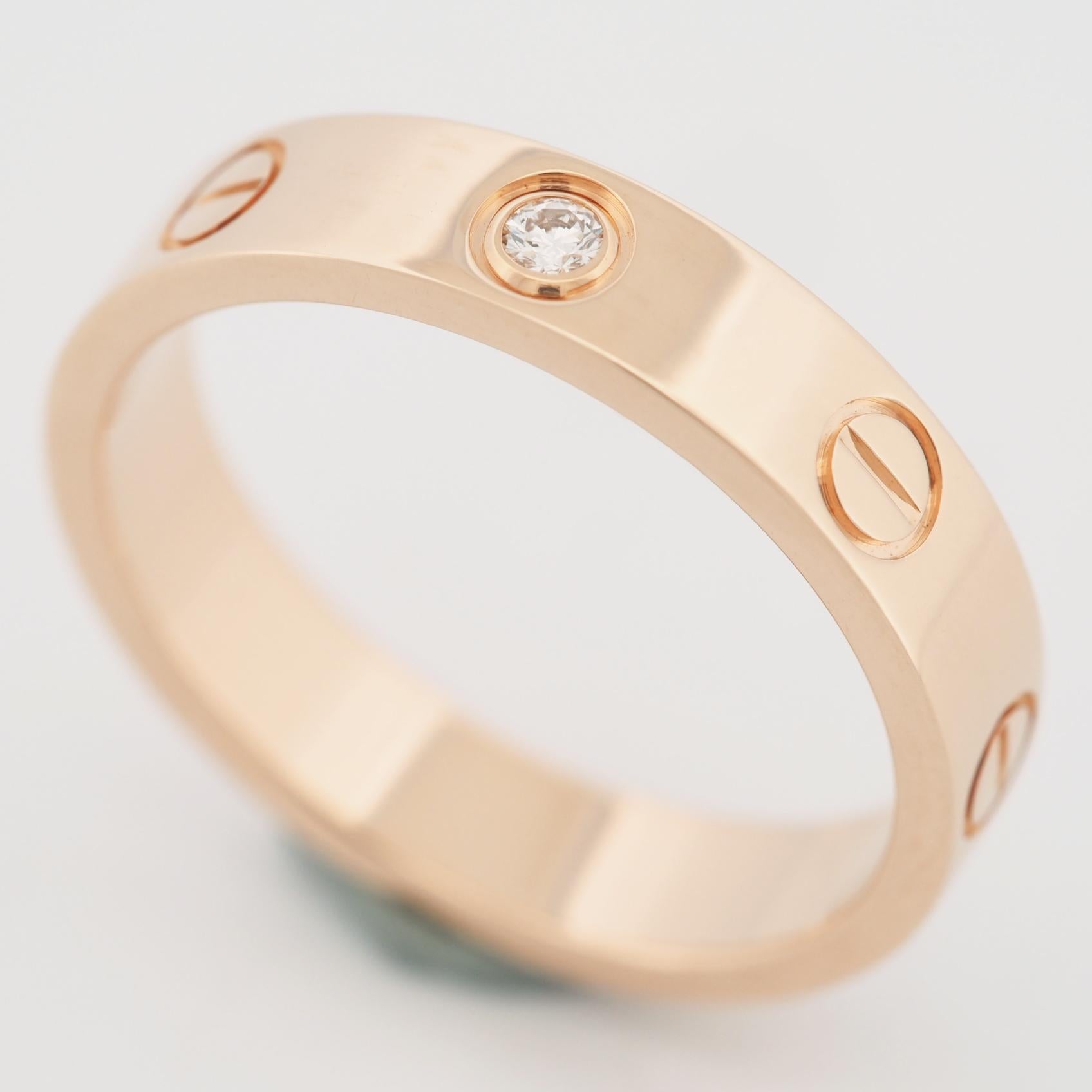 Item: Authentic Cartier Love Wedding Band 1 Diamond Ring 
Stones: Diamond (0.02ct)
Metal: 18K Rose Gold
Ring Size: 51 US SIZE 5.5 UK SIZE K 1/2
Internal Diameter: 16.25 mm
Measurement: 4.0 mm
Weight: 4.2 Grams
Condition: Used (repolished)
Retail