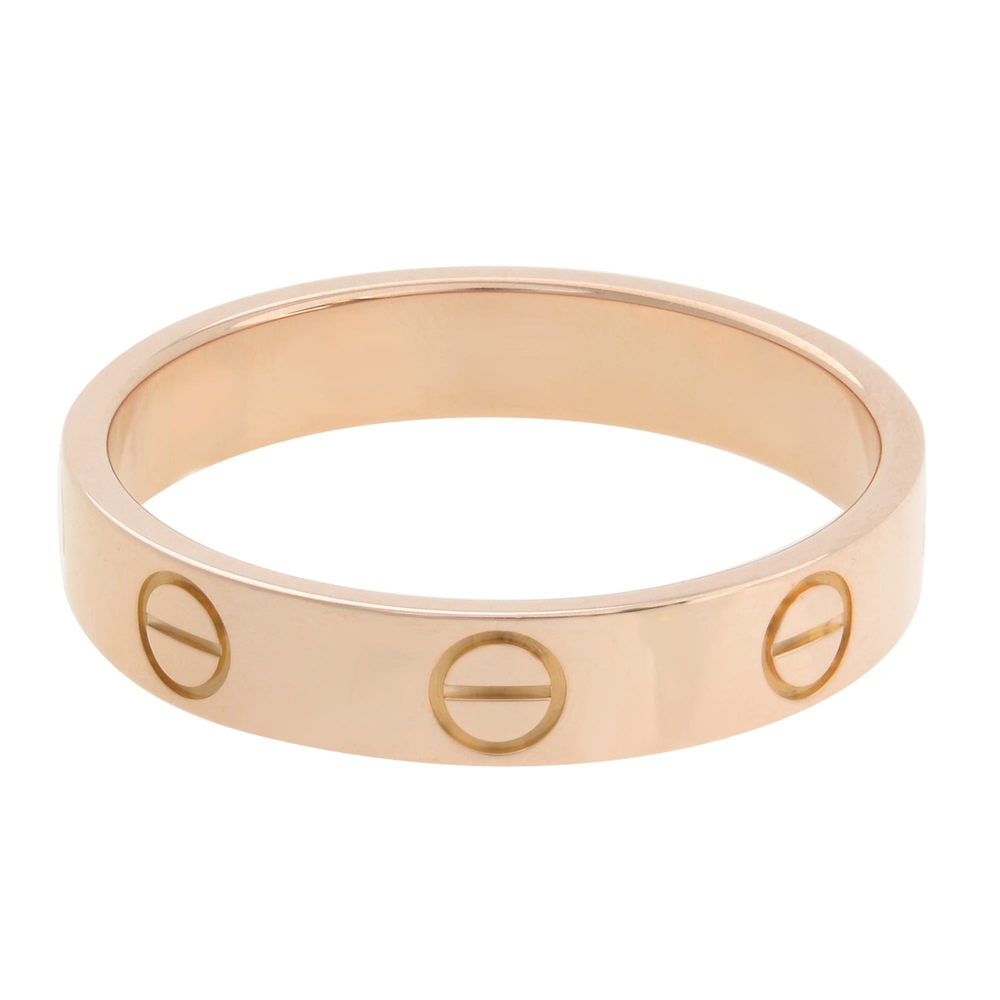 Cartier Love wedding band in 18K rose gold. Small model Love ring. Width: 3.6mm. Ring size 55 US 6.75. Excellent pre-owned condition. Comes with box. Papers are not included.