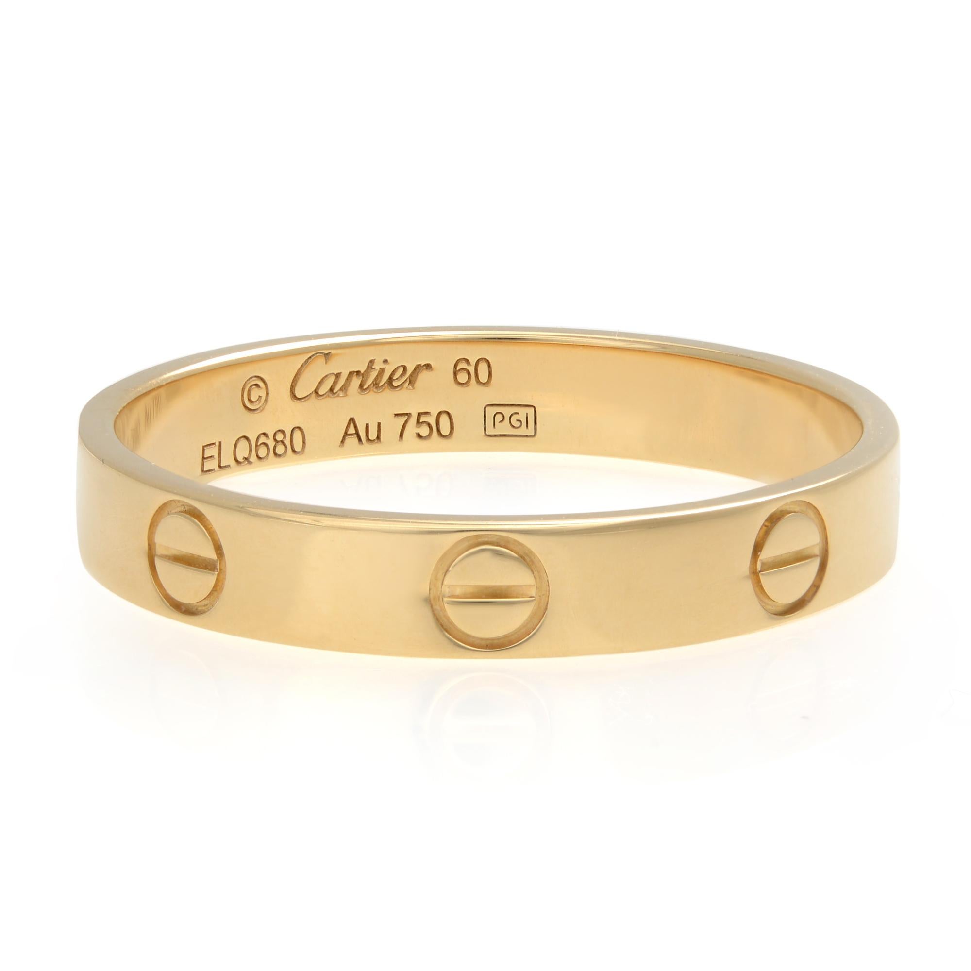 Cartier Love wedding band in 18K yellow gold. Small model Love ring. Width: 3.6mm. Ring size 60 US 9.25. Great pre owned condition. Comes with box. Papers are not included. 