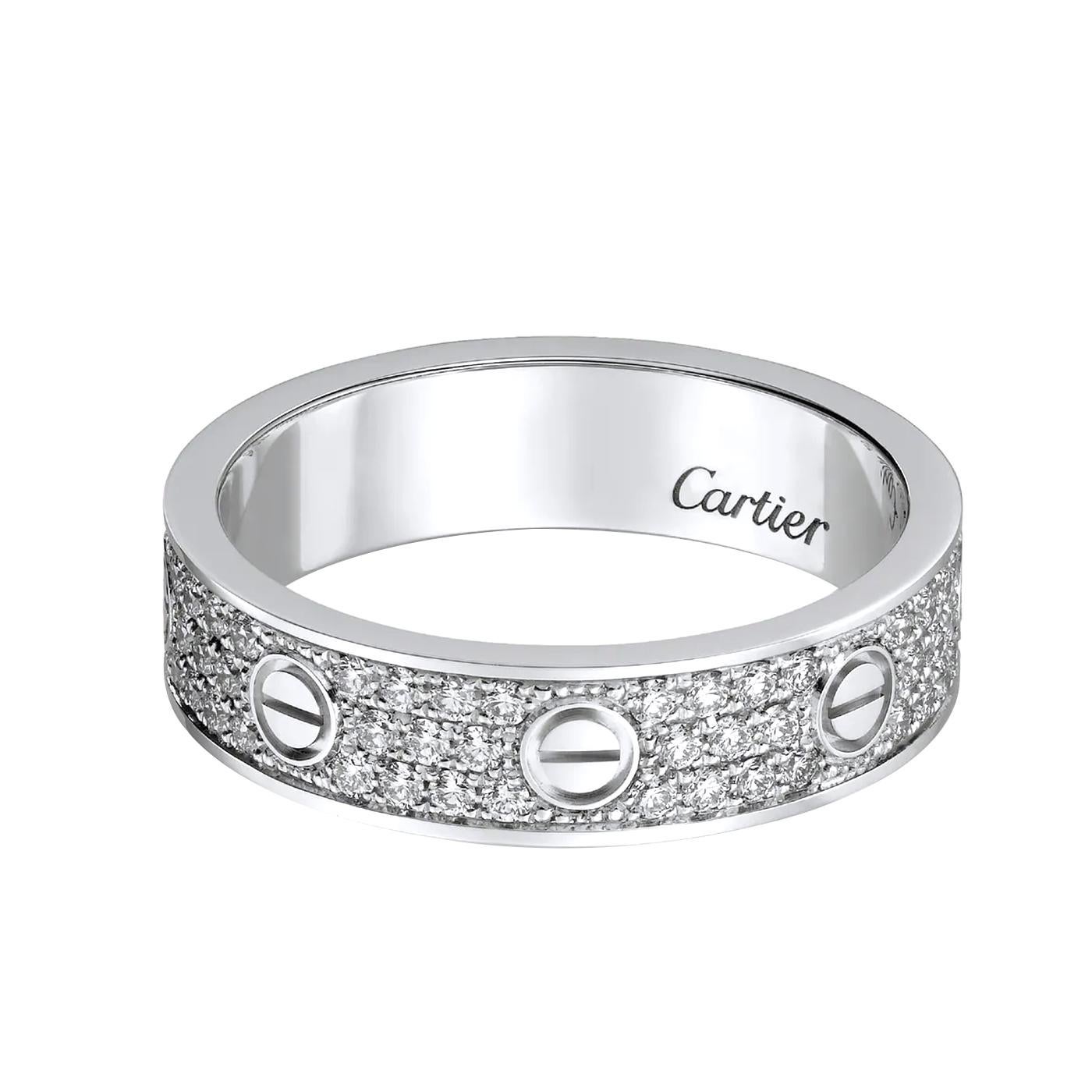 Cartier LOVE wedding band, 18K white gold (750/1000), set with 88 brilliant-cut diamonds totaling 0.31 carats (for size 55).

Details:
Brand: Cartier
Style: Love Ring
Stone: 88 brilliant-cut Paved Diamonds
Carat: 0.31 carats
Material: 18K White