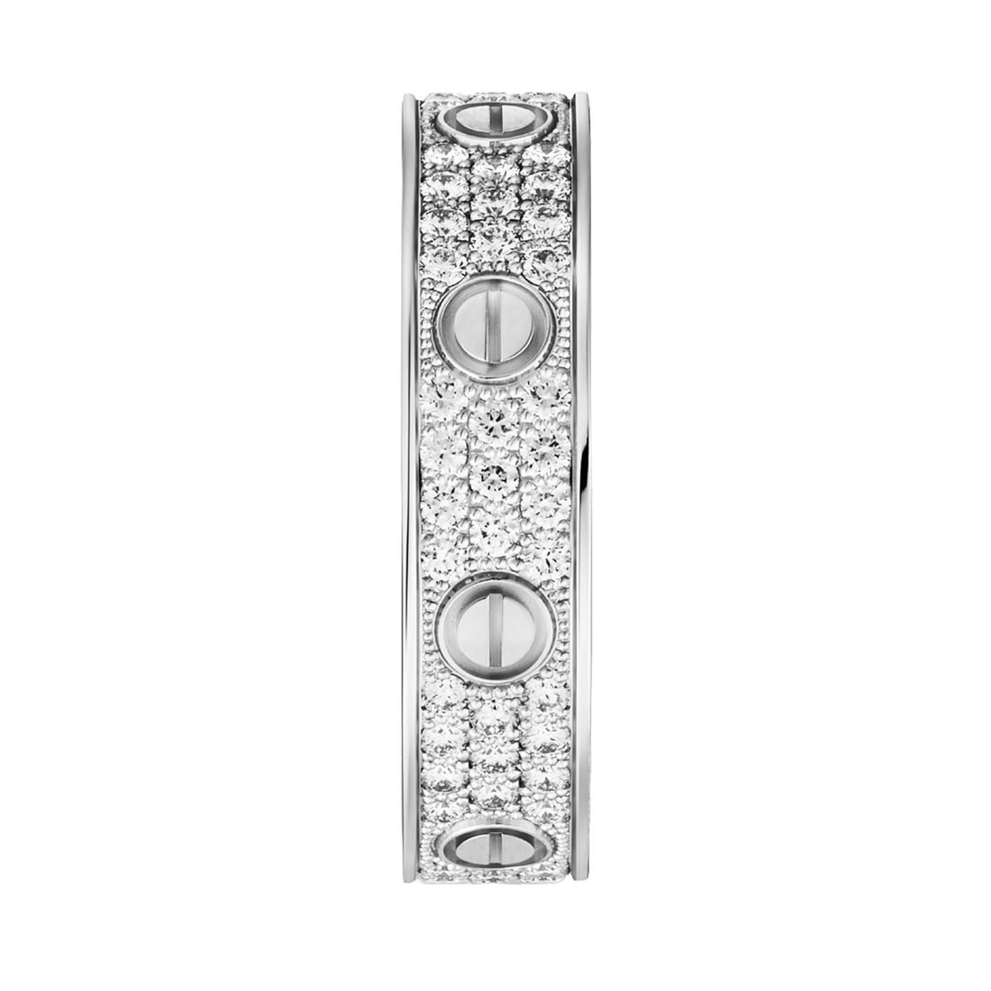 Modernist Cartier Love Wedding Band Brilliant-Cut Diamond-Paved 18K White Gold Ring For Sale