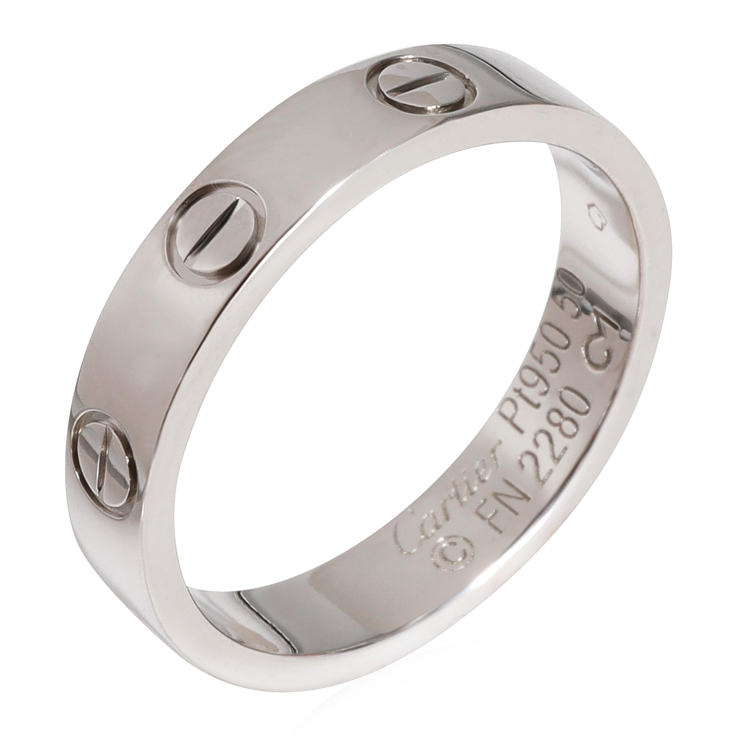 Cartier Love Wedding Band in 950 Platinum

PRIMARY DETAILS
SKU: 122342
Listing Title: Cartier Love Wedding Band in 950 Platinum
Condition Description: Retails for 2620 USD. In excellent condition and recently polished. Ring size is 5.25.
Brand: