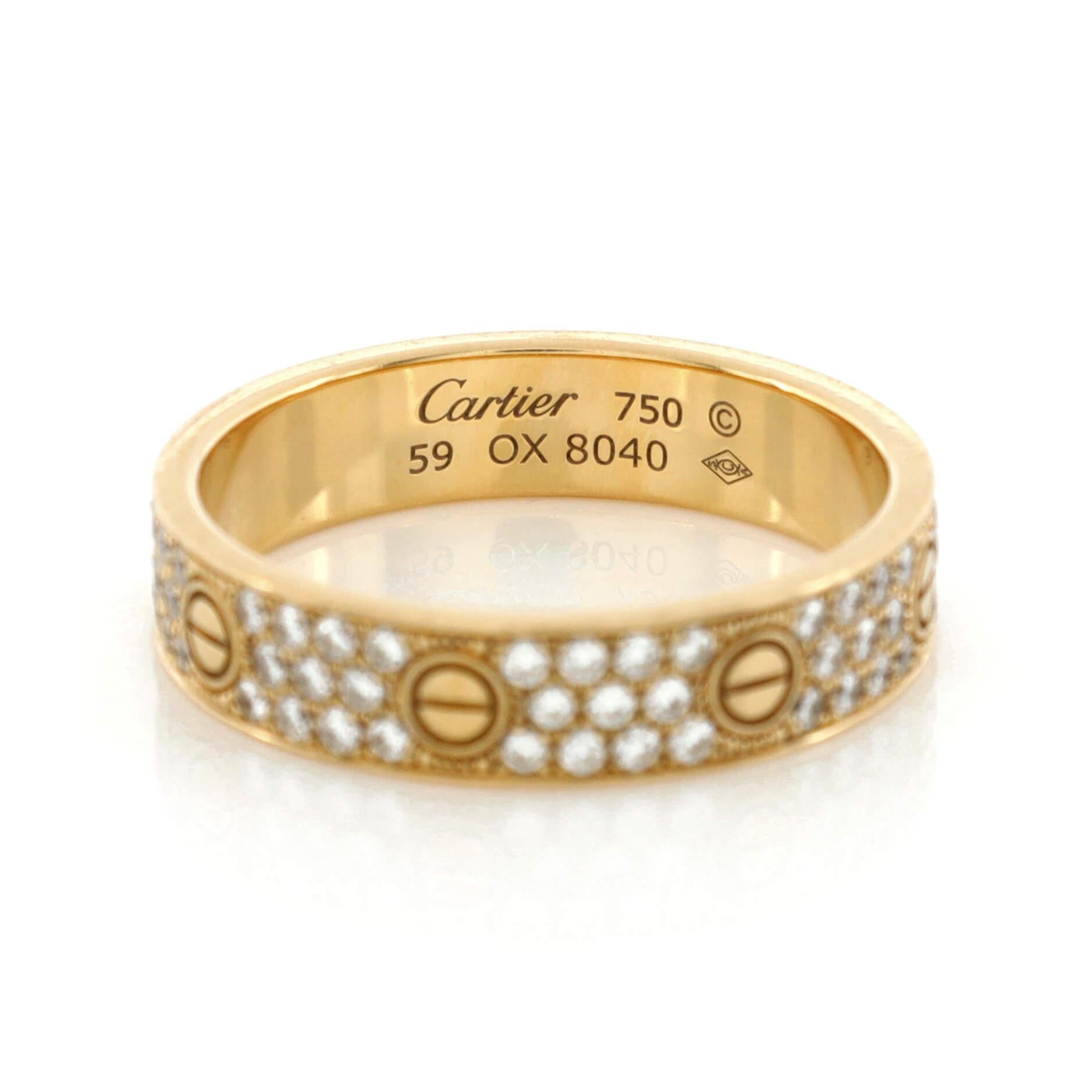 Women's or Men's Cartier Love Wedding Band Pave Diamonds Ring 18K Yellow Gold and Diamonds