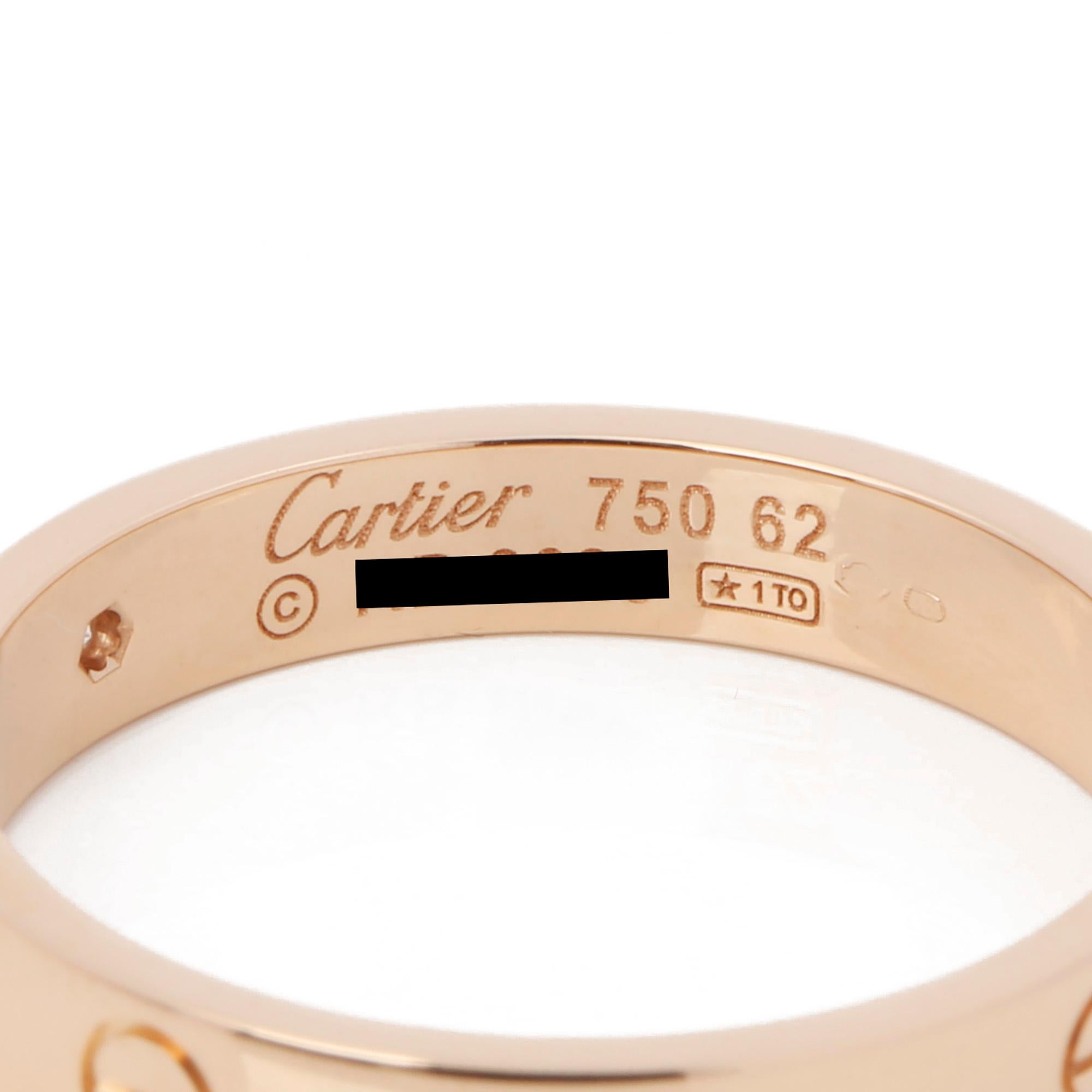 This ring by Cartier is from their signature Love collection and features one round brilliant cut diamond. Mounted in 18k rose gold. UK ring size U. EU ring size 62. US ring size 10 1/4. Complete with a Xupes presentation box. Our Xupes reference is